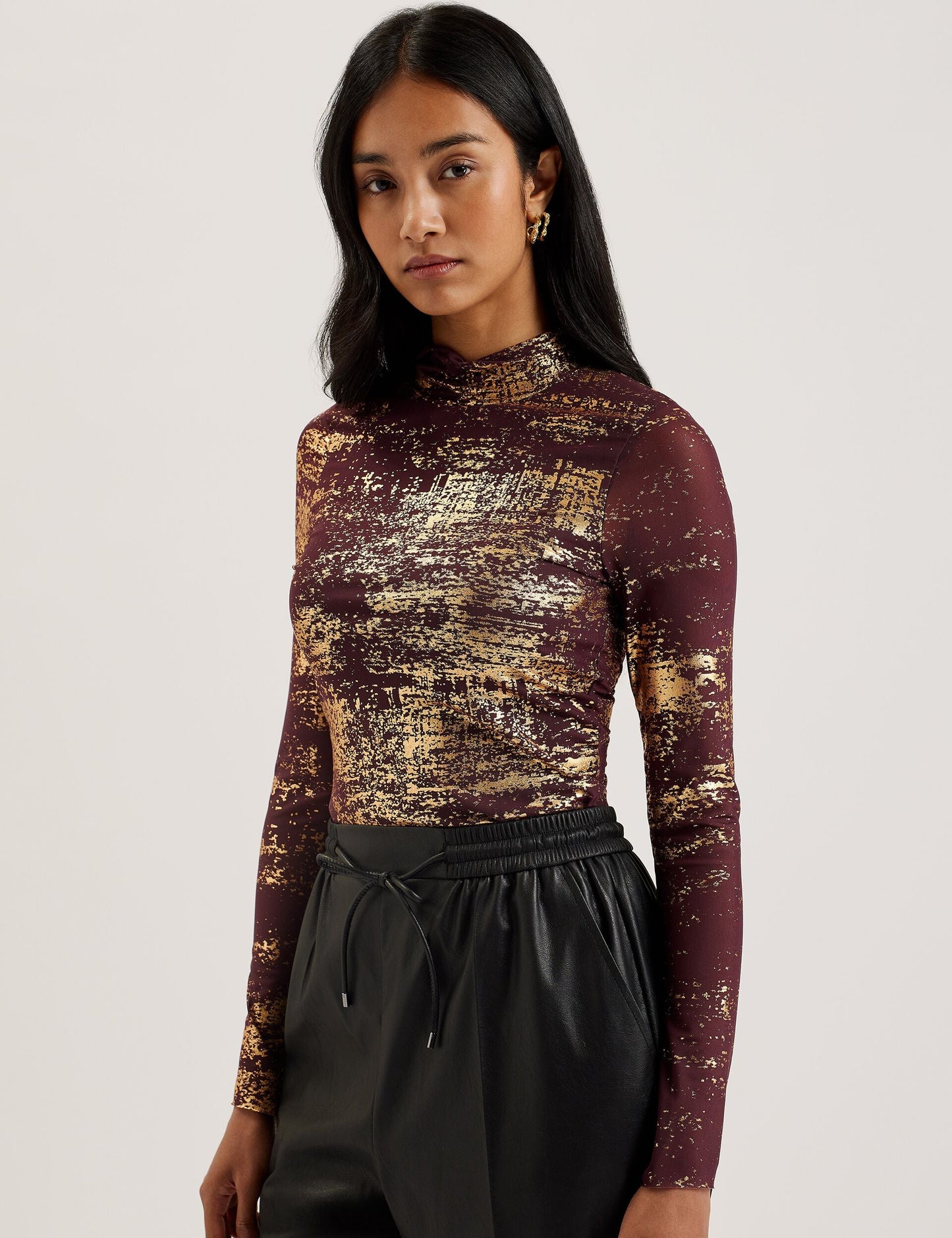 Ted Baker SOFIY - Foil Print High Neck Mesh Top DARK RED