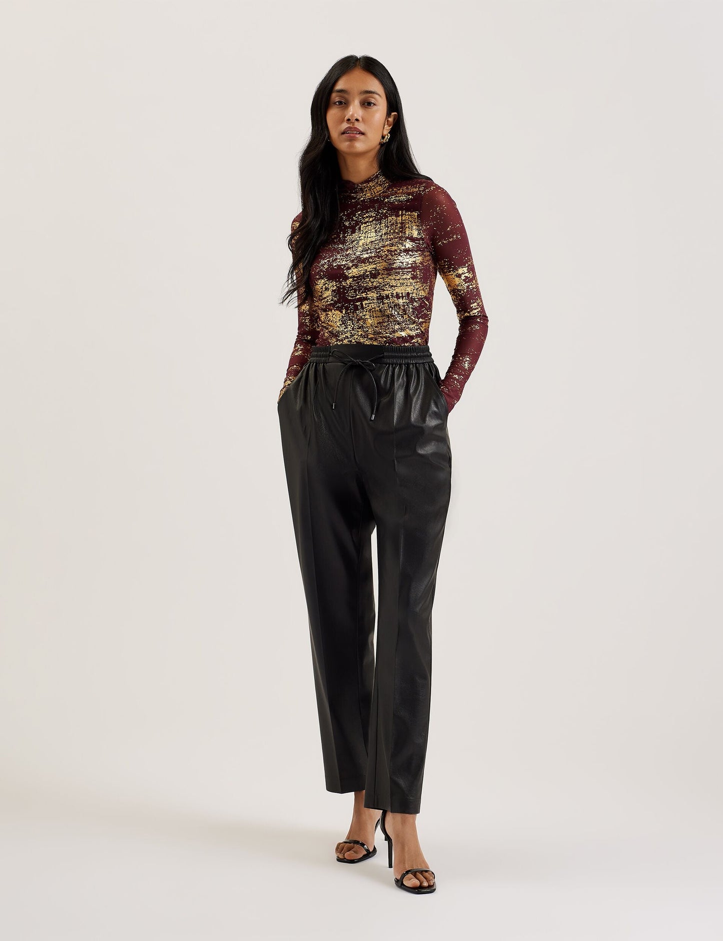Ted Baker SOFIY - Foil Print High Neck Mesh Top DARK RED
