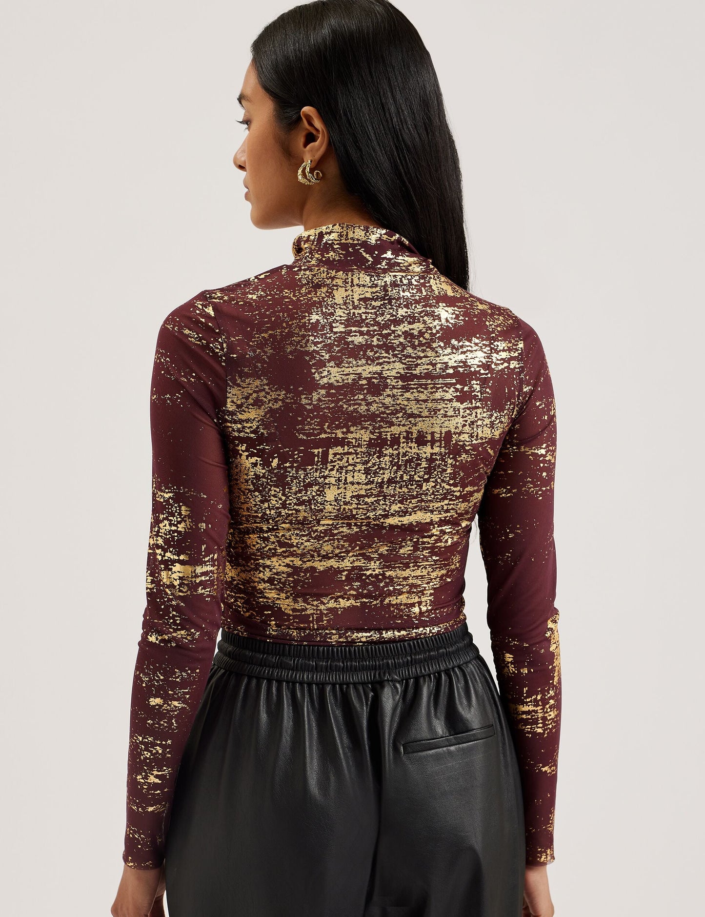 Ted Baker SOFIY - Foil Print High Neck Mesh Top DARK RED