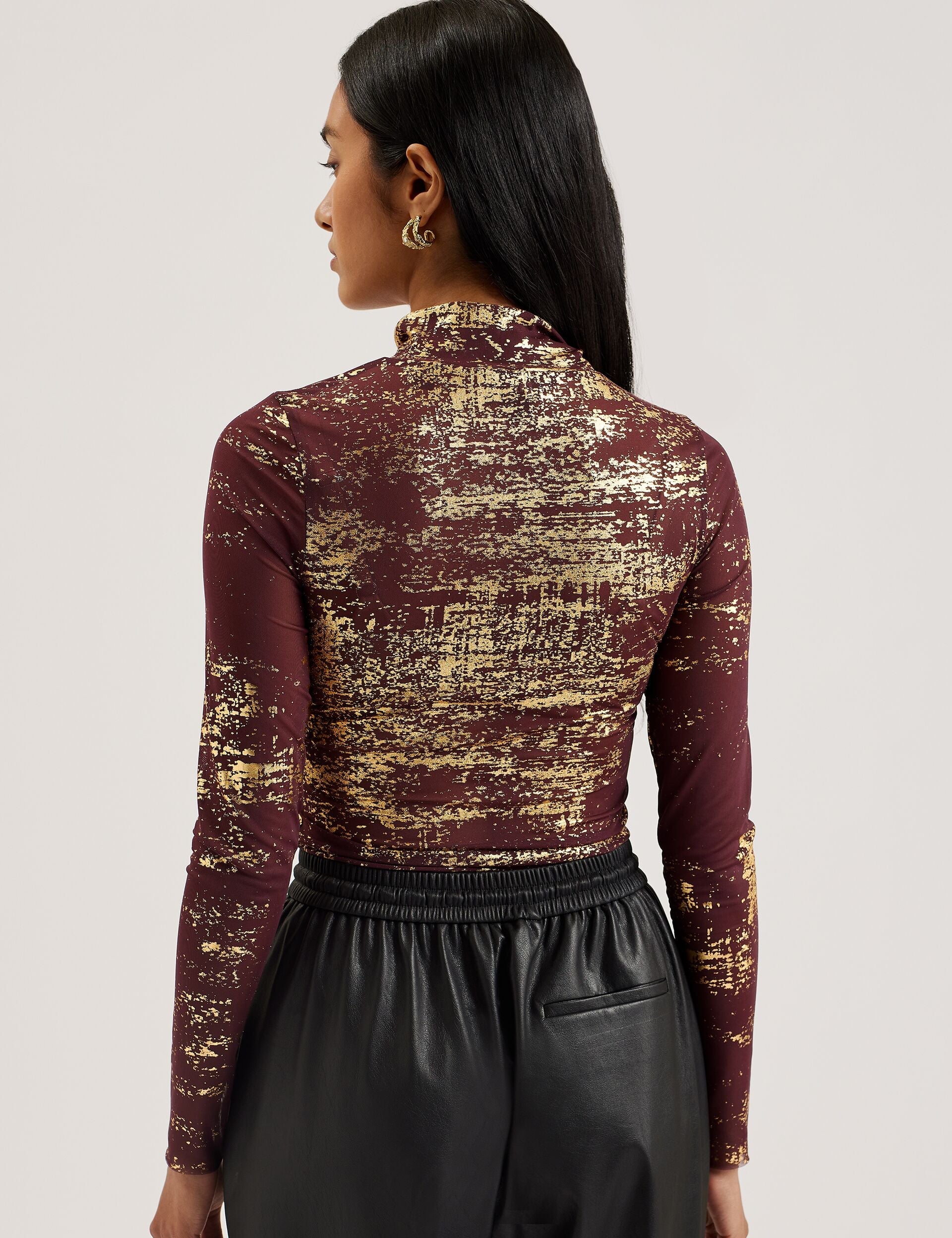 Ted Baker SOFIY - Foil Print High Neck Mesh Top DARK RED
