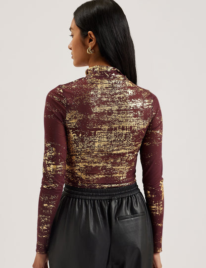 Ted Baker SOFIY - Foil Print High Neck Mesh Top DARK RED