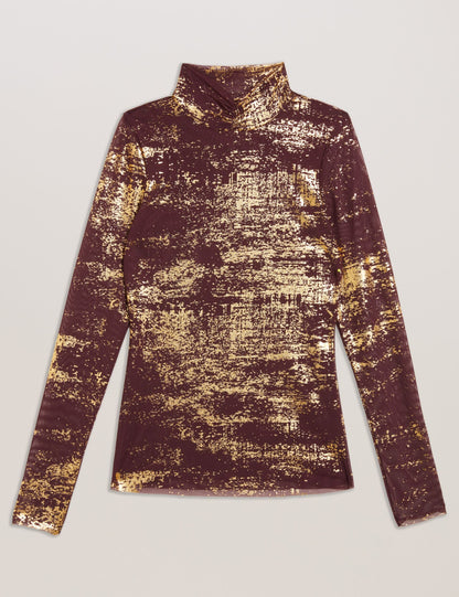 Ted Baker SOFIY - Foil Print High Neck Mesh Top DARK RED