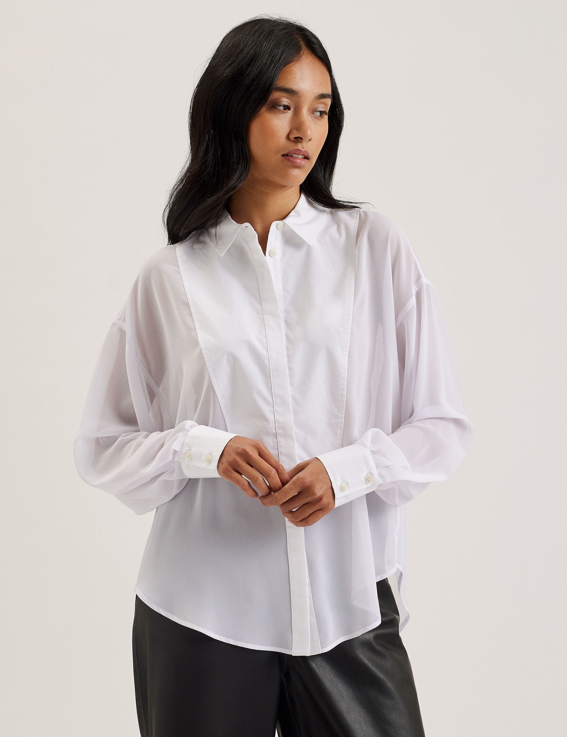 Ted Baker LECHOSA - Bib Front Sheer Long Sleeve Blouse WHITE