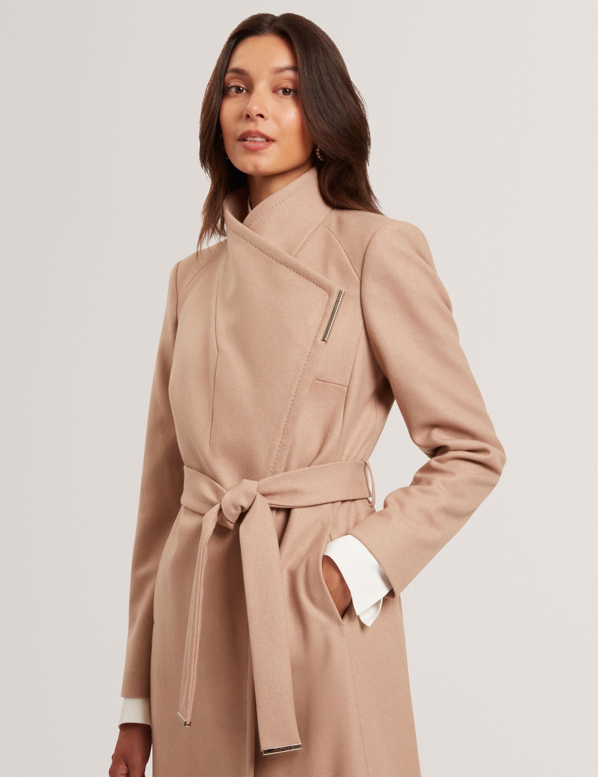 Ted Baker ROSE Mid Length Belted Wool Wrap Coat CAMEL