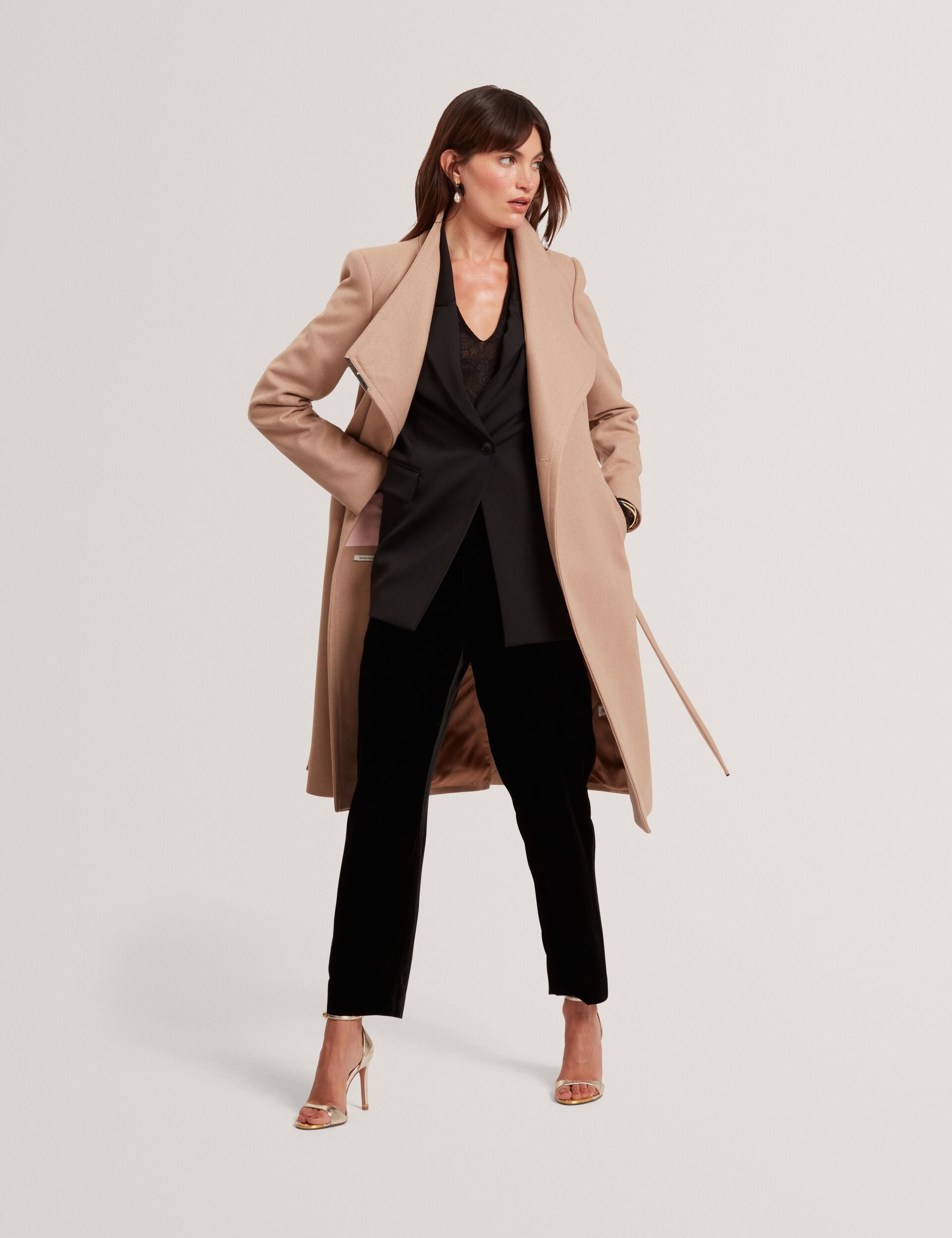 Ted Baker ROSE Mid Length Belted Wool Wrap Coat CAMEL