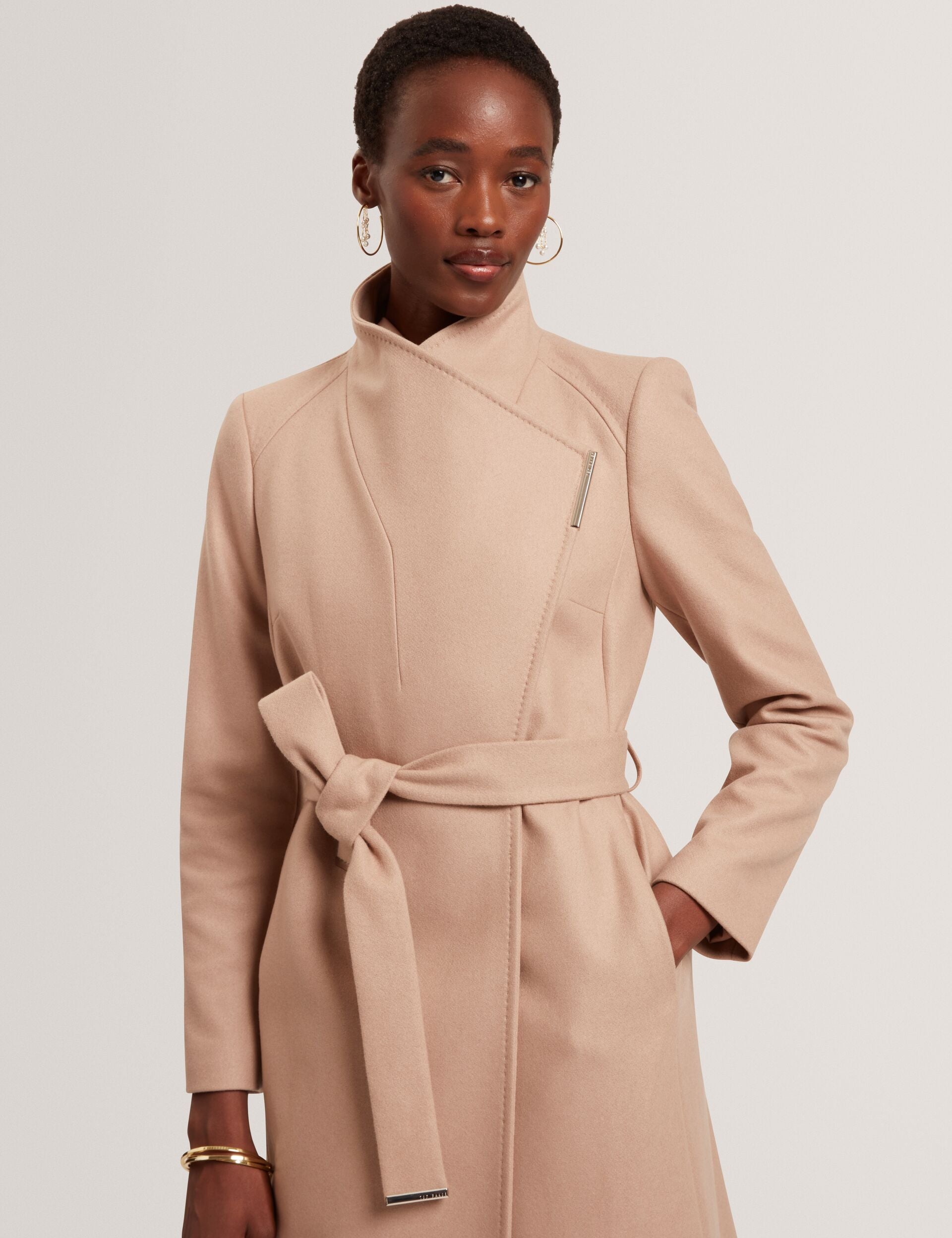 Ted Baker ROSELL Longline Belted Wool Wrap Coat CAMEL