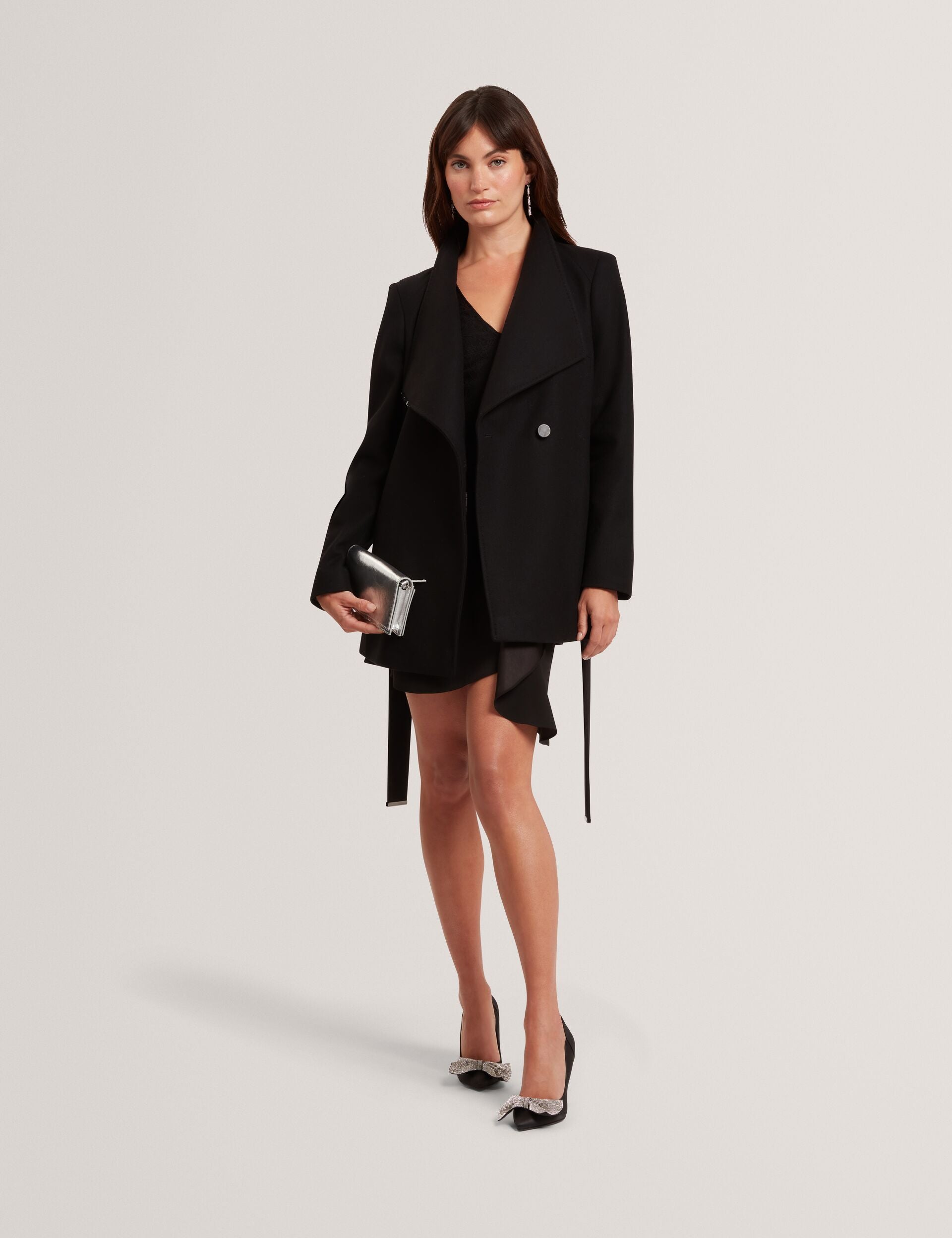 Ted Baker ROSESS Short Belted Wool Wrap Coat BLACK
