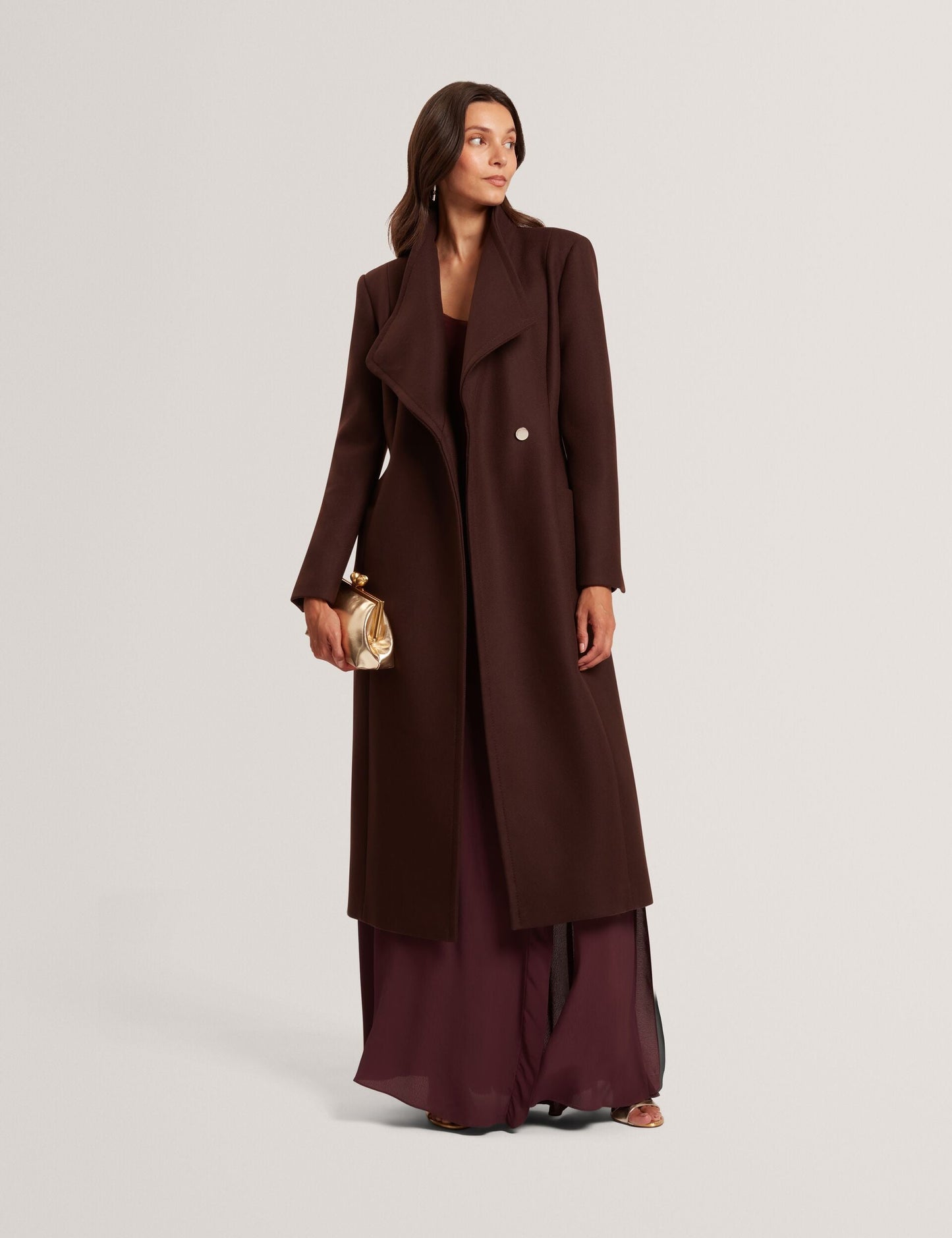 Ted Baker MINDEE Wool Rich Hourglass Longline Wrap Coat DARK BROWN