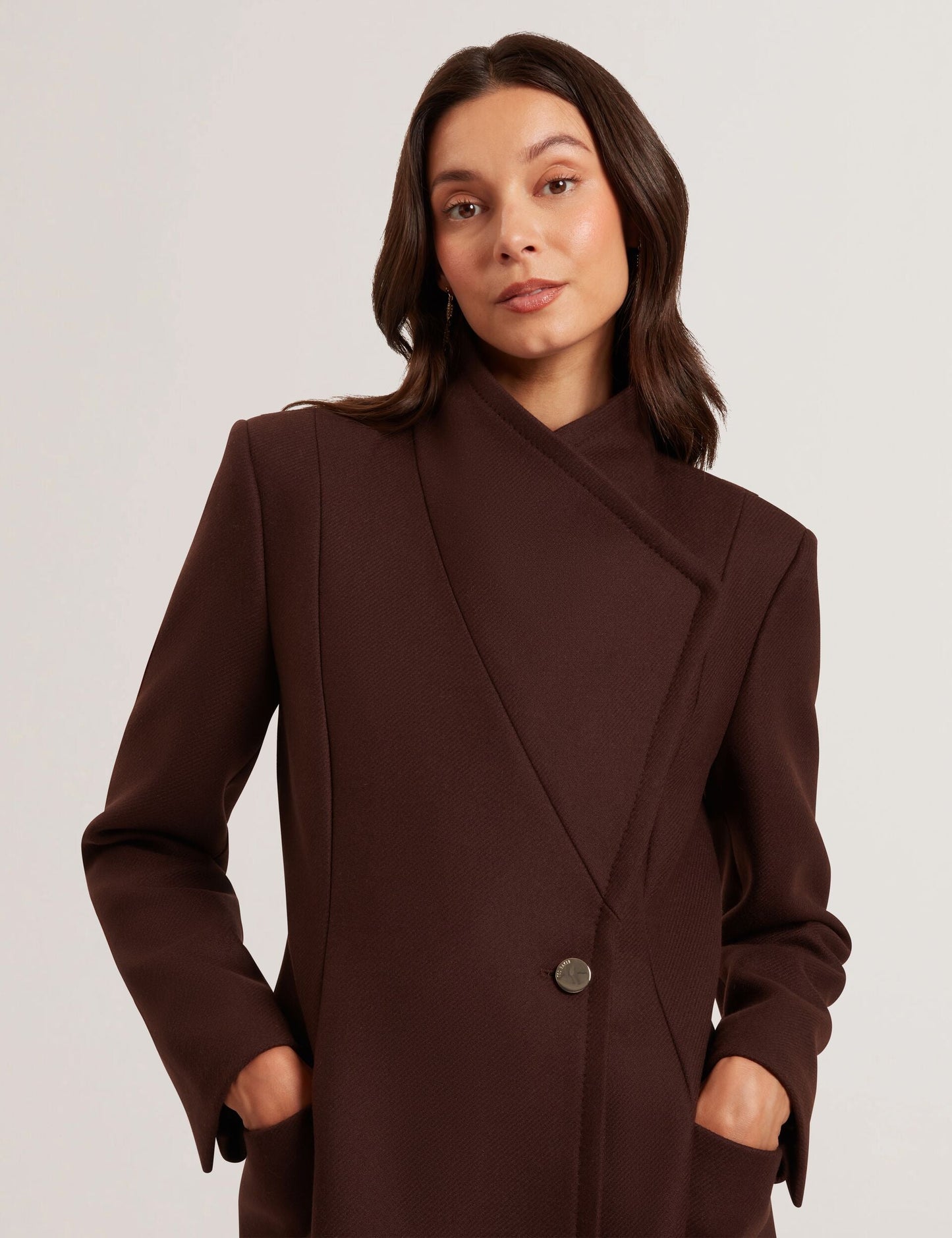 Ted Baker MINDEE Wool Rich Hourglass Longline Wrap Coat DARK BROWN