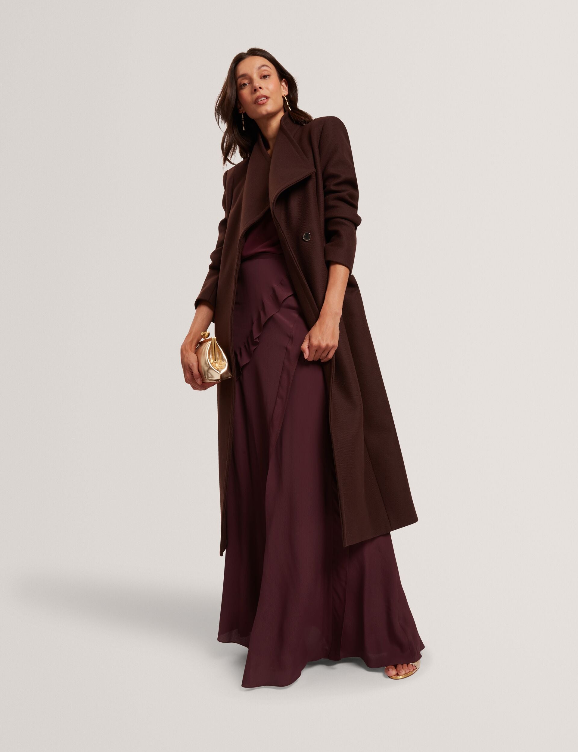 Ted Baker MINDEE Wool Rich Hourglass Longline Wrap Coat DARK BROWN