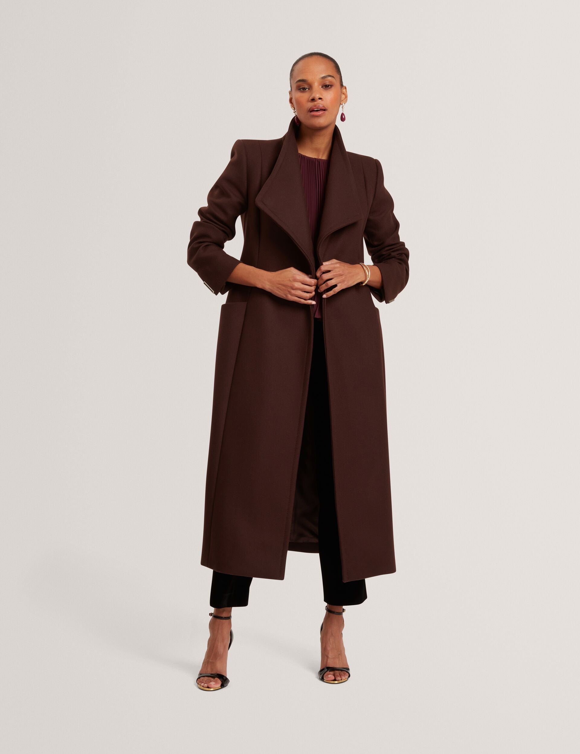 Ted Baker MINDEE Wool Rich Hourglass Longline Wrap Coat DARK BROWN
