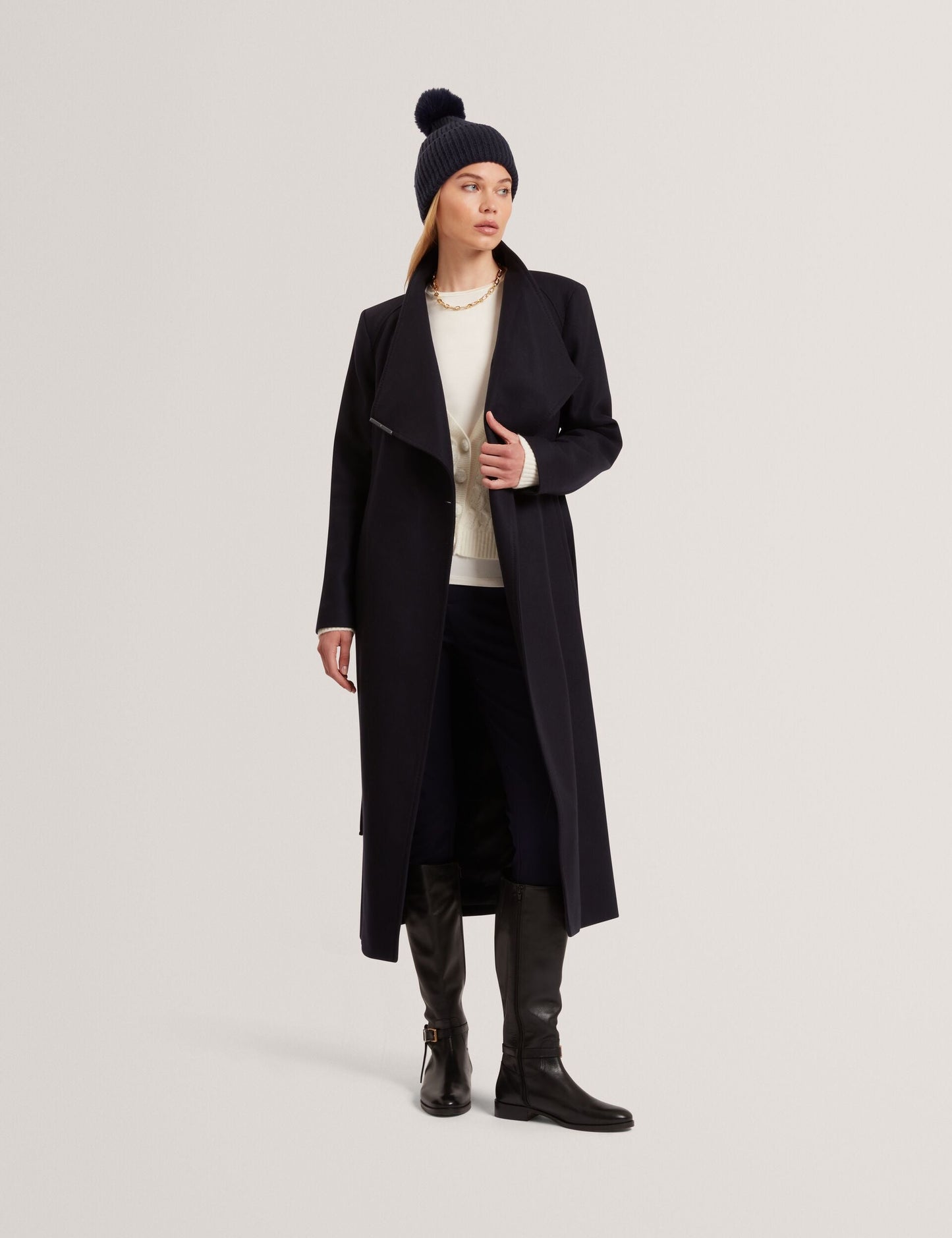 Ted Baker ROSELL Longline Belted Wool Wrap Coat NAVY
