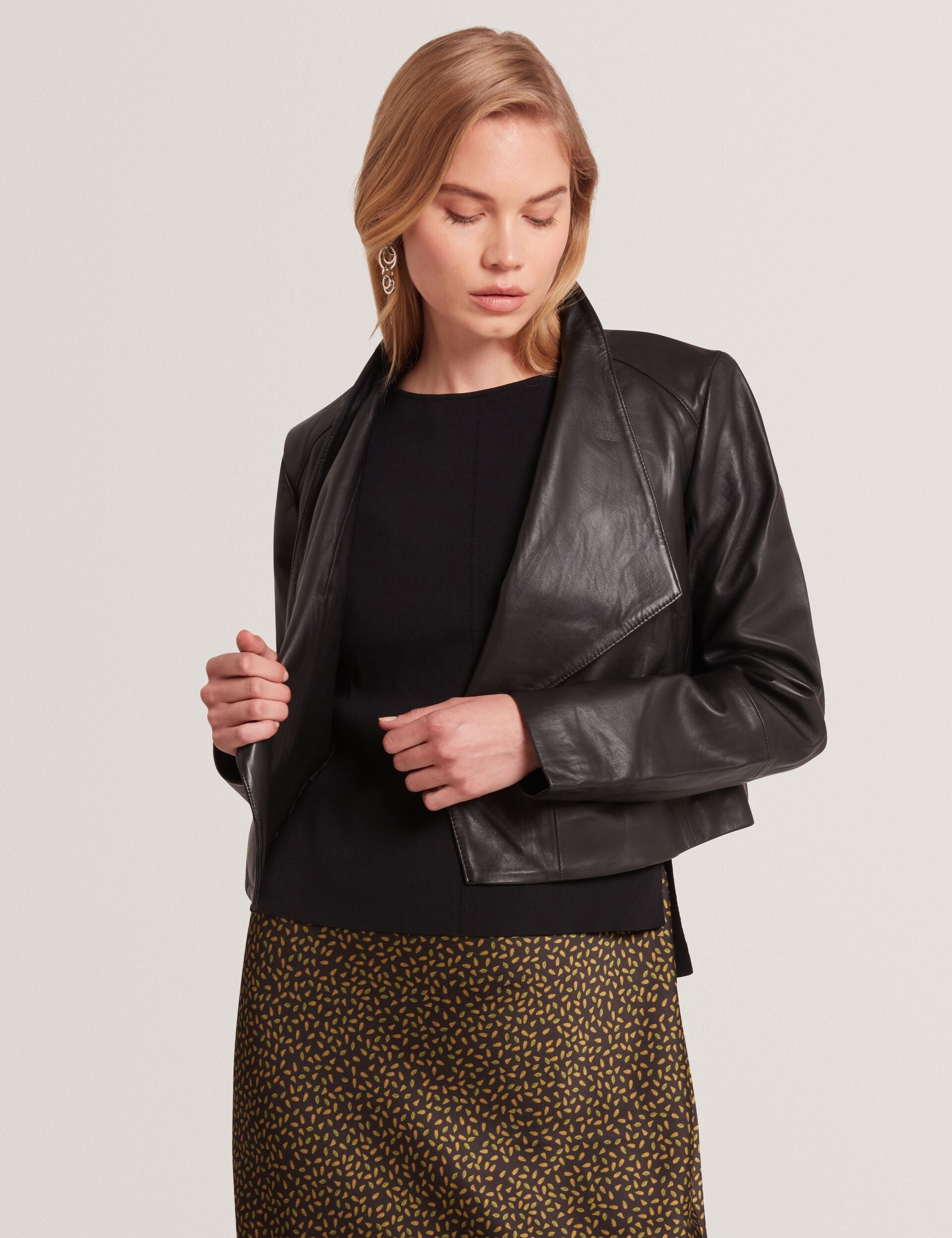 Ted Baker RIYOZE - Wrap Front Cropped Leather Jacket BLACK