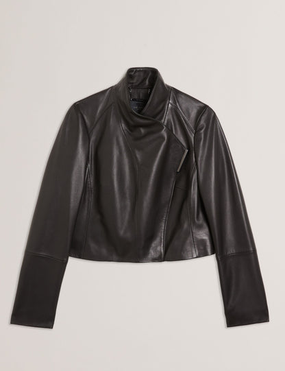 Ted Baker RIYOZE - Wrap Front Cropped Leather Jacket BLACK