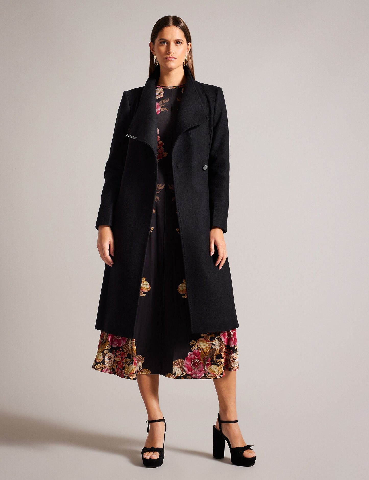 Ted Baker ROSE Midi Length Belted Wool Wrap Coat in Black BLACK