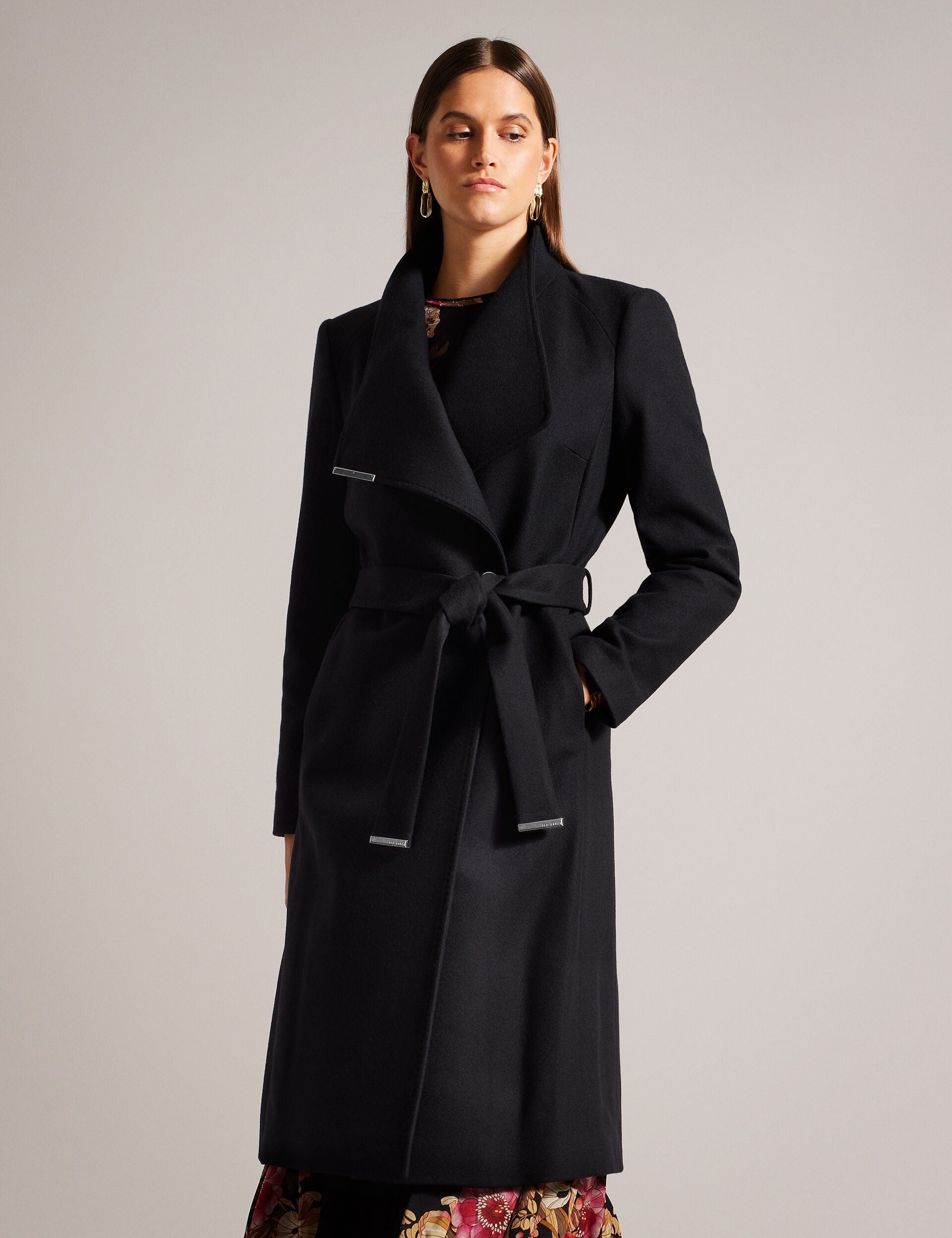 Ted Baker ROSE Midi Length Belted Wool Wrap Coat in Black BLACK