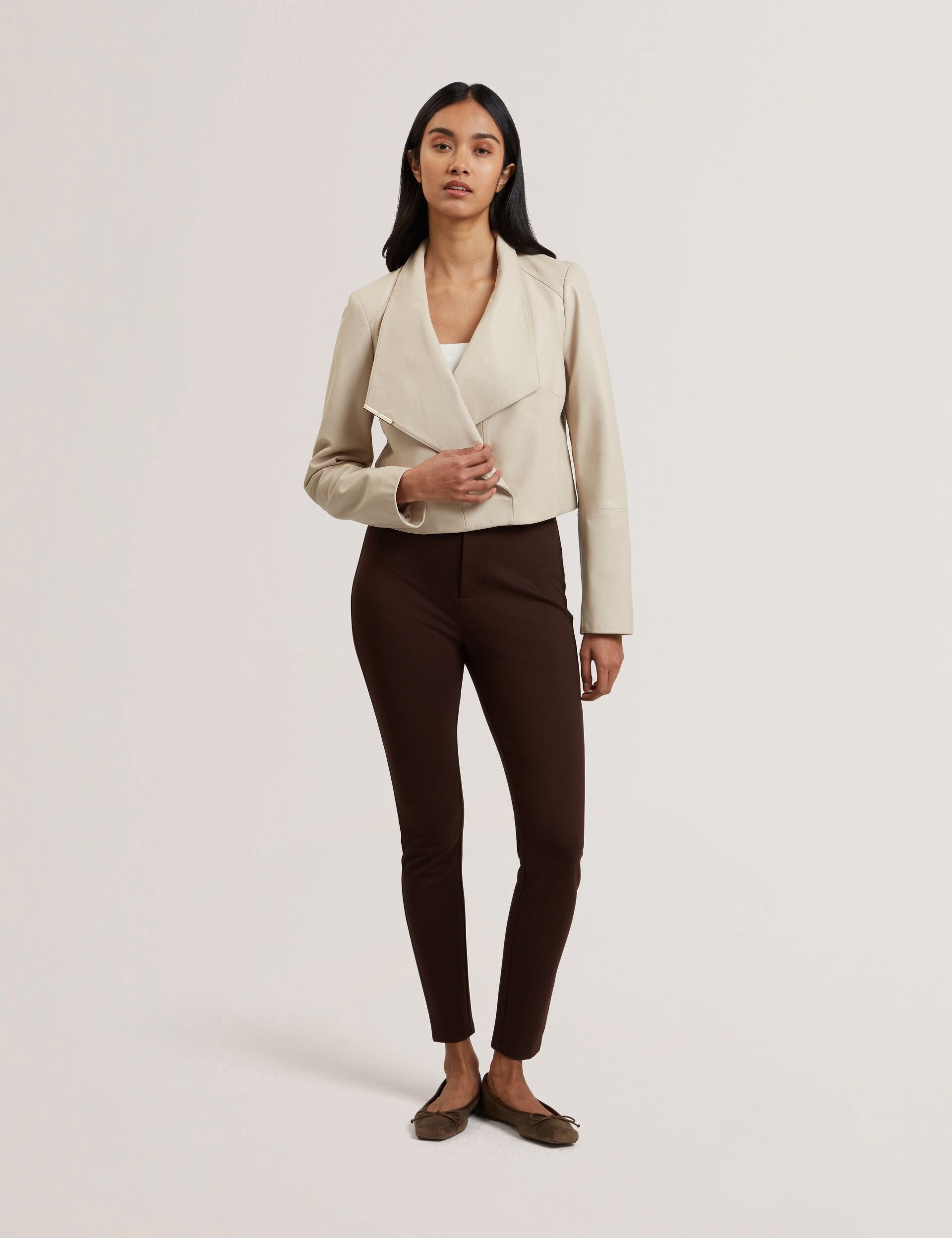 Ted Baker RIYOZE - Wrap Front Cropped Leather Jacket IVORY