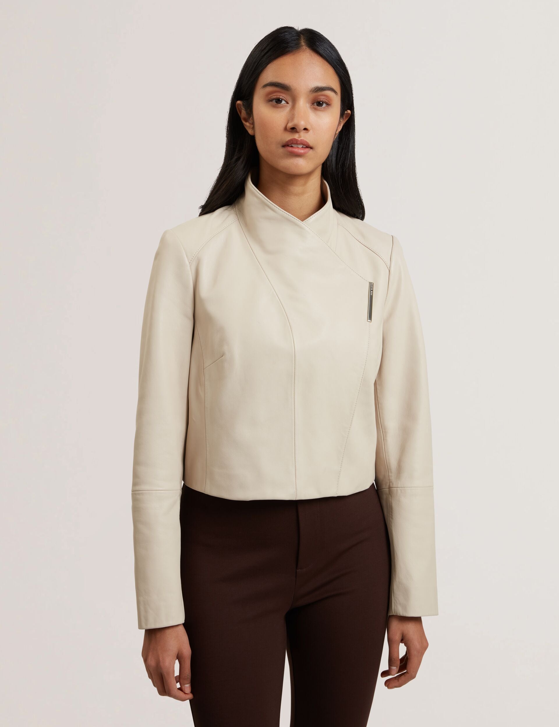 Ted Baker RIYOZE - Wrap Front Cropped Leather Jacket IVORY