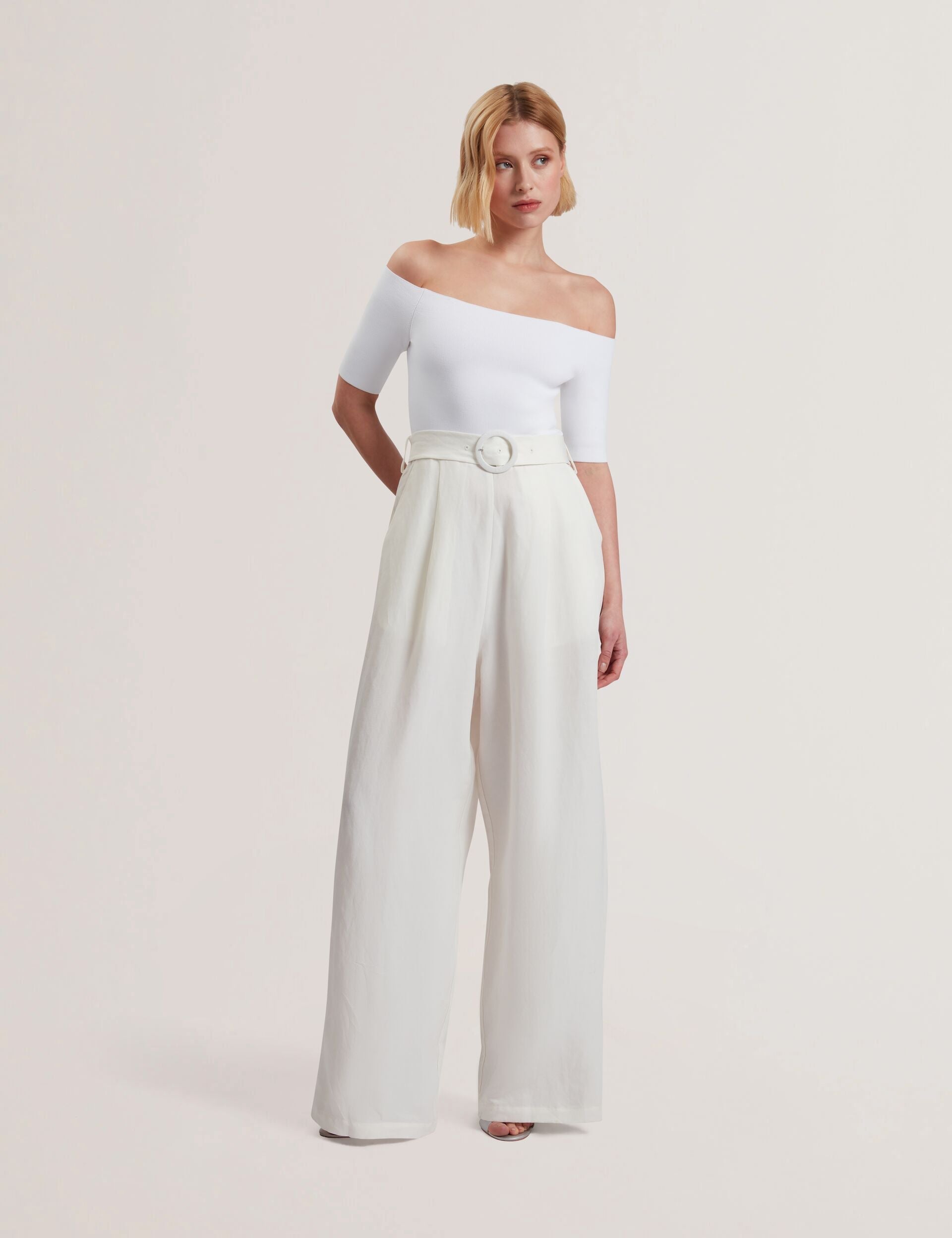 Ted Baker ANGELIY - Bardot Knit Top Wide Leg Belted Jumpsuit WHITE