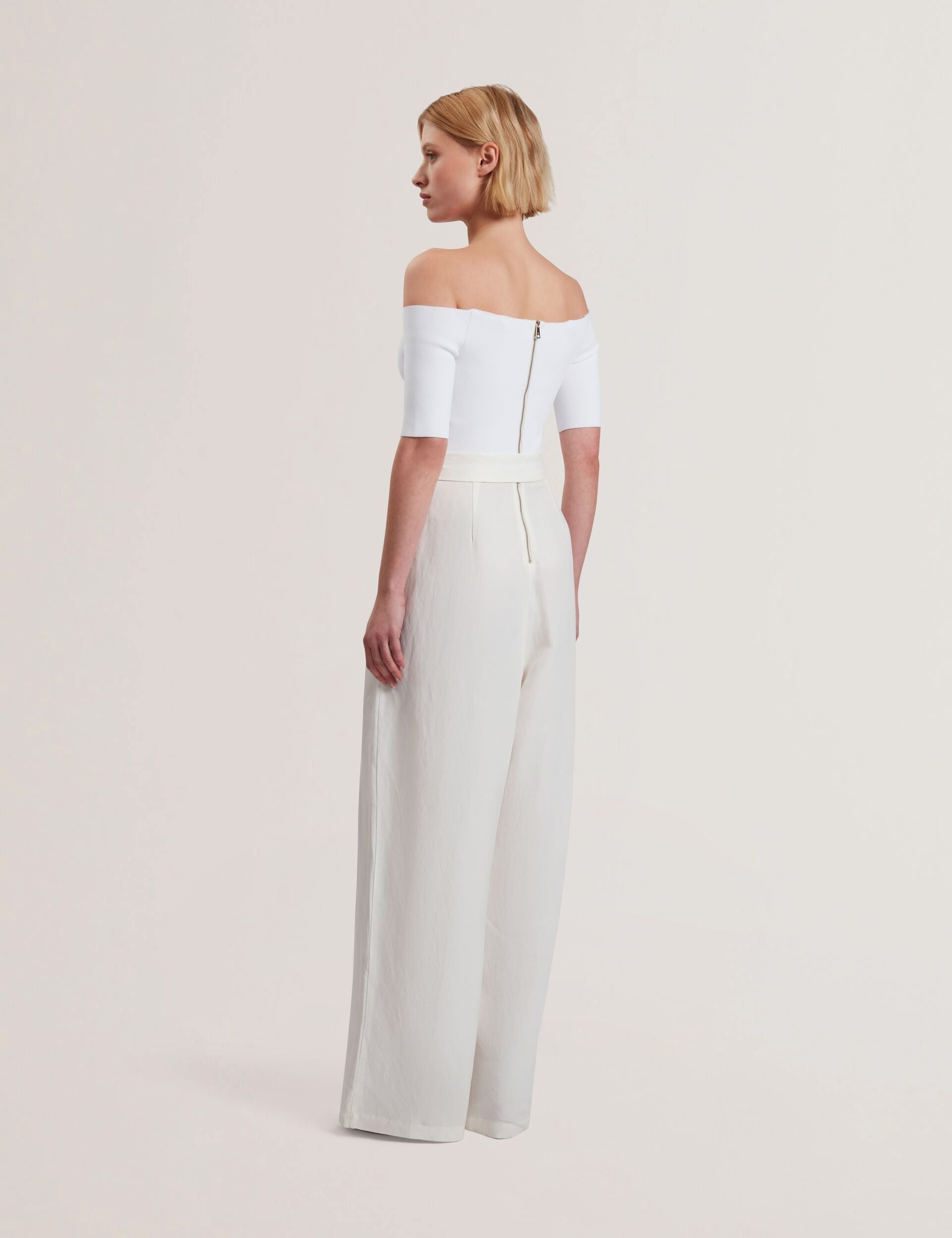 Ted Baker ANGELIY - Bardot Knit Top Wide Leg Belted Jumpsuit WHITE