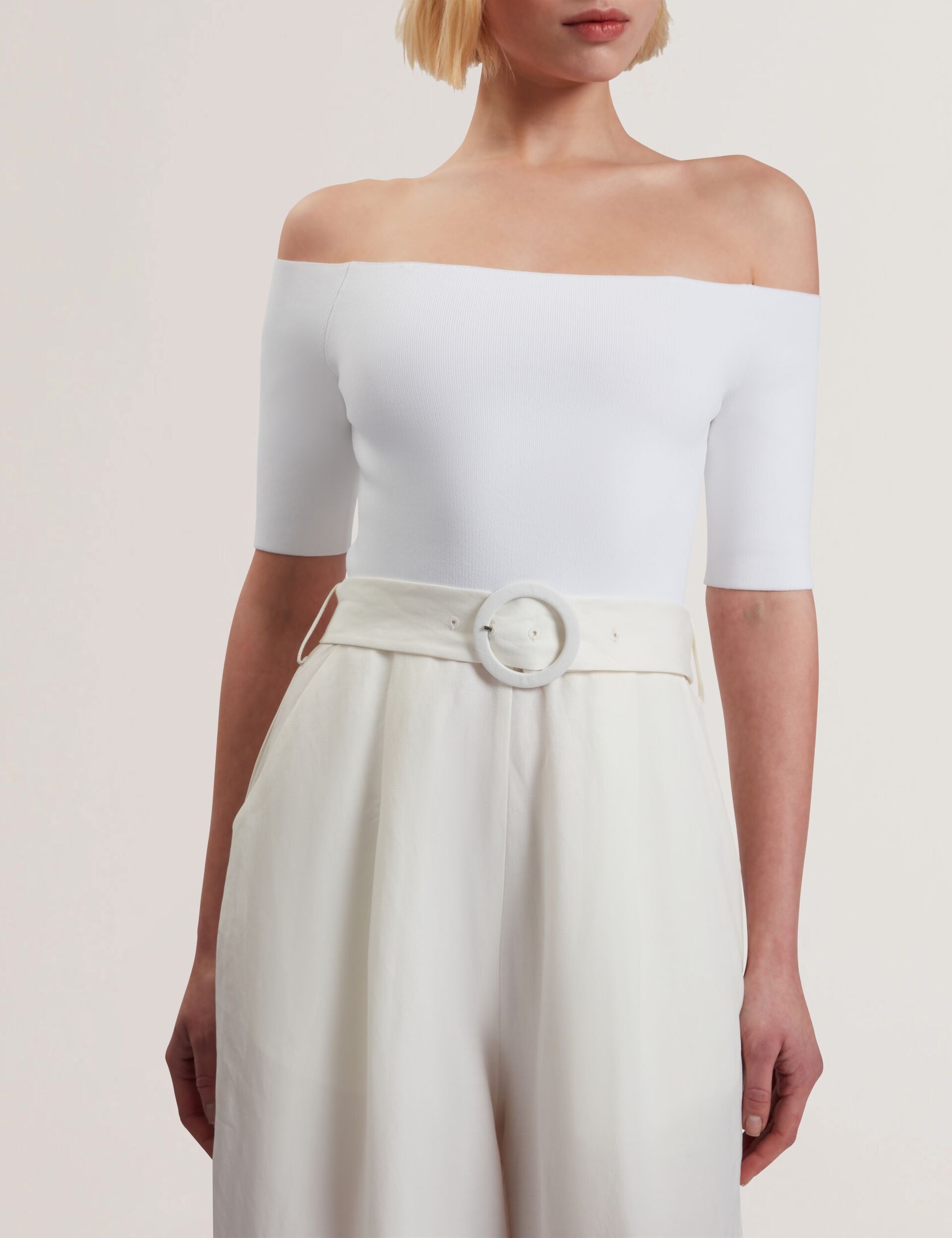 Ted Baker ANGELIY - Bardot Knit Top Wide Leg Belted Jumpsuit WHITE