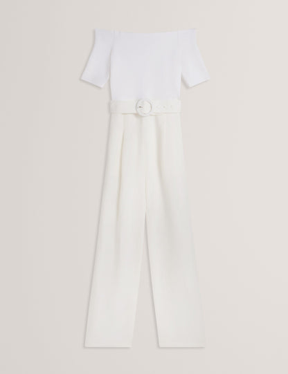 Ted Baker ANGELIY - Bardot Knit Top Wide Leg Belted Jumpsuit WHITE