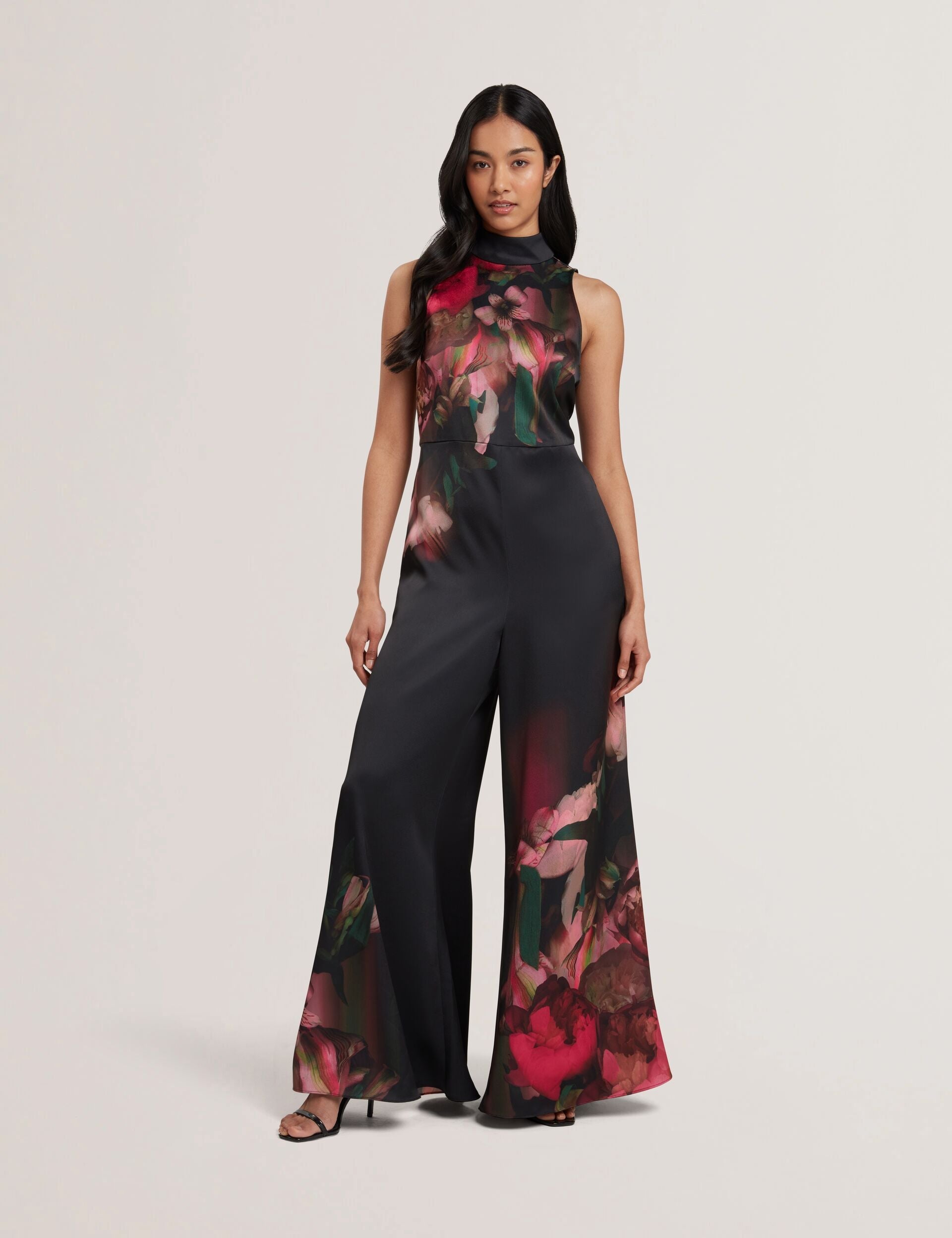 Ted Baker KINSALA - Printed Neck Tie Detail Wide Leg Jumpsuit BLACK