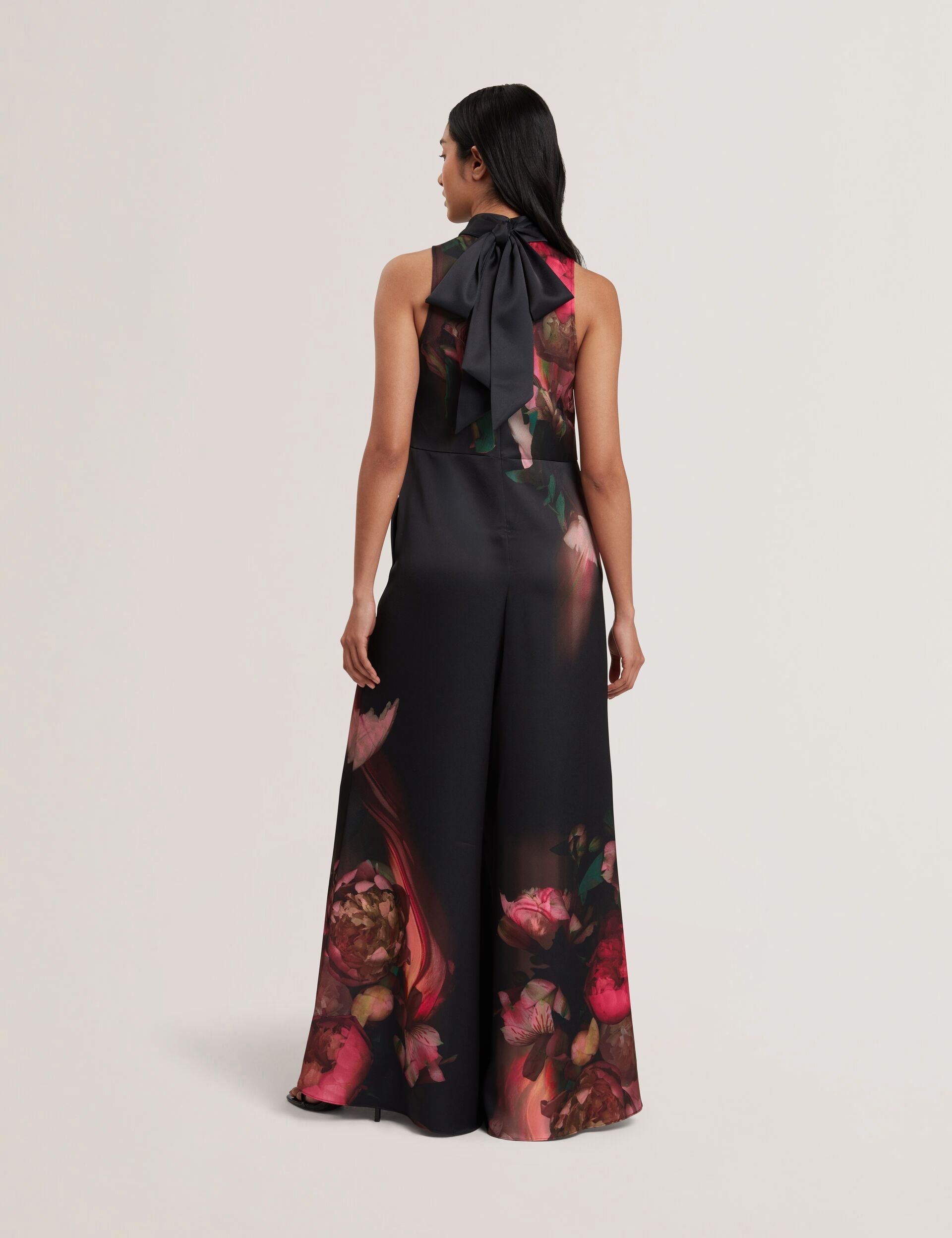 Ted Baker KINSALA - Printed Neck Tie Detail Wide Leg Jumpsuit BLACK