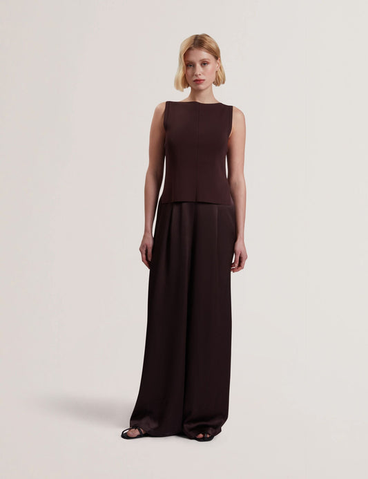 Ted Baker RAYYNA - Wide Leg Satin Jumpsuit With Knitted Tank DARK BROWN