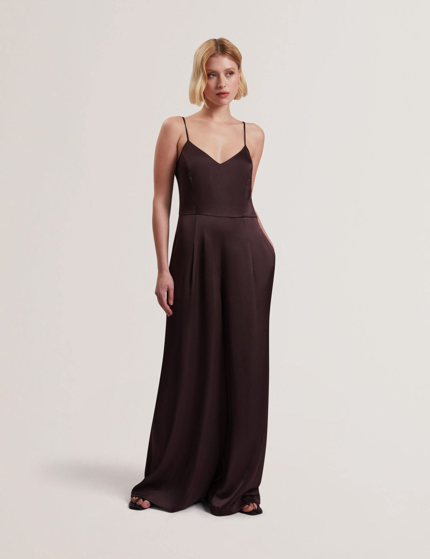 Ted Baker RAYYNA - Wide Leg Satin Jumpsuit With Knitted Tank DARK BROWN
