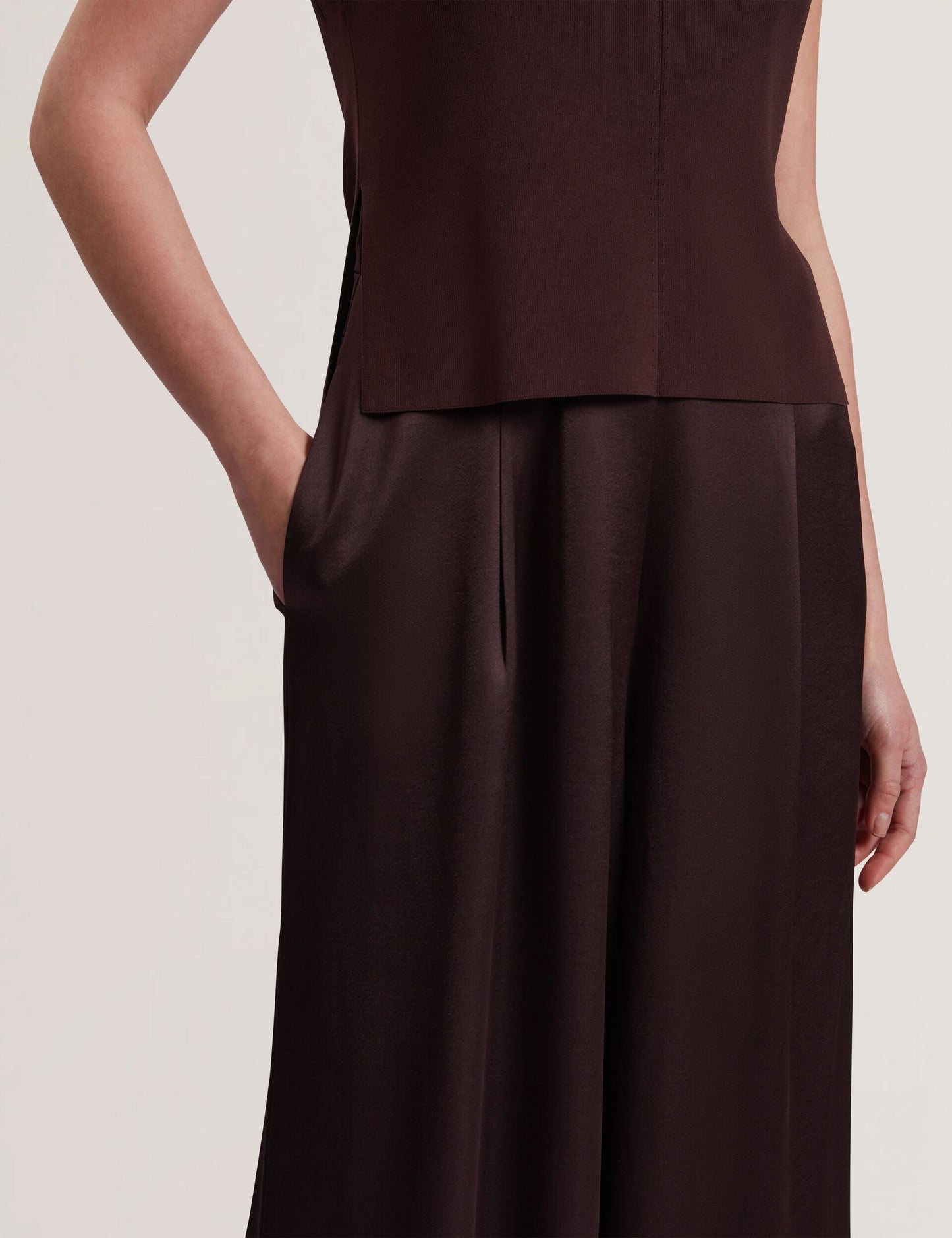 Ted Baker RAYYNA - Wide Leg Satin Jumpsuit With Knitted Tank DARK BROWN