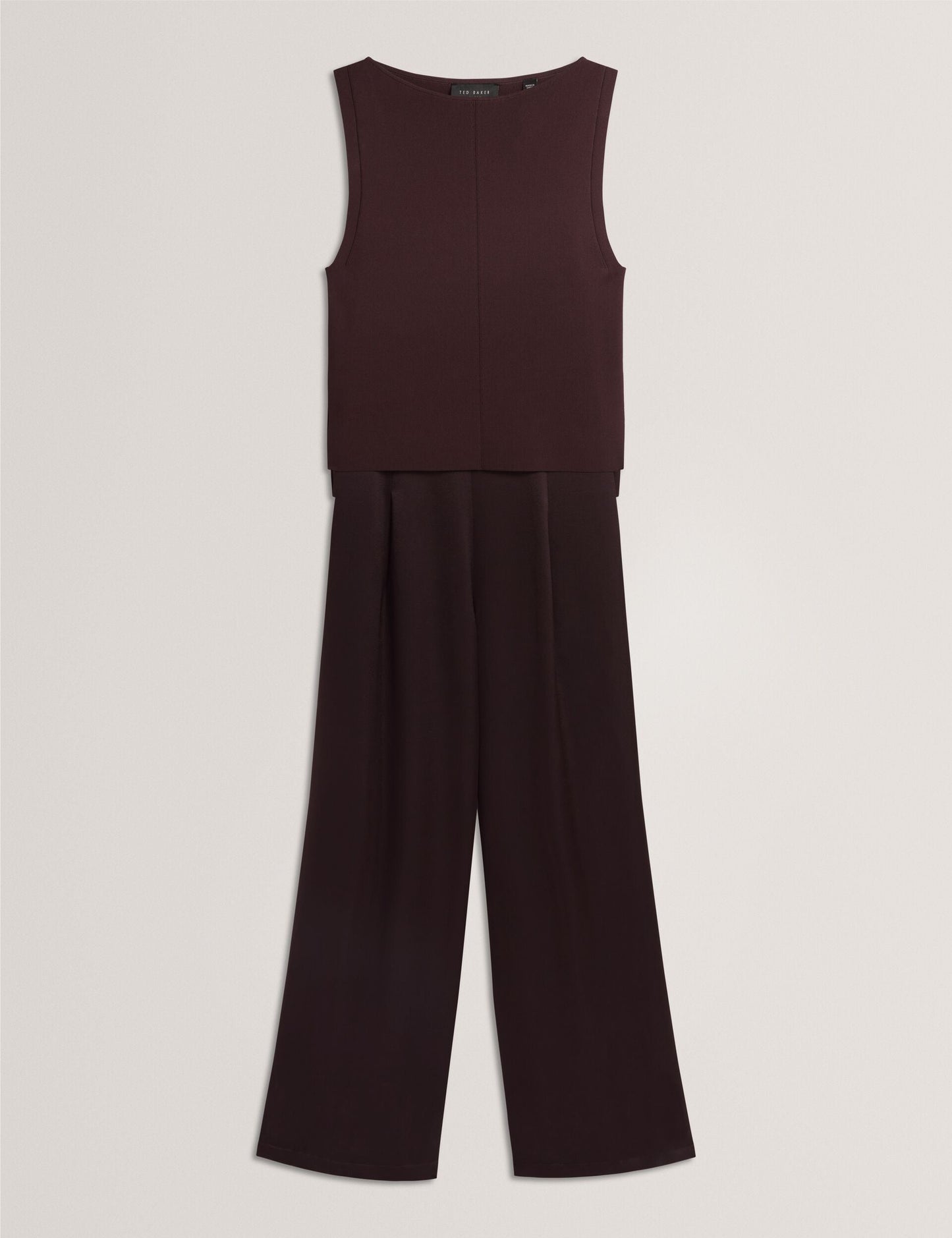Ted Baker RAYYNA - Wide Leg Satin Jumpsuit With Knitted Tank DARK BROWN