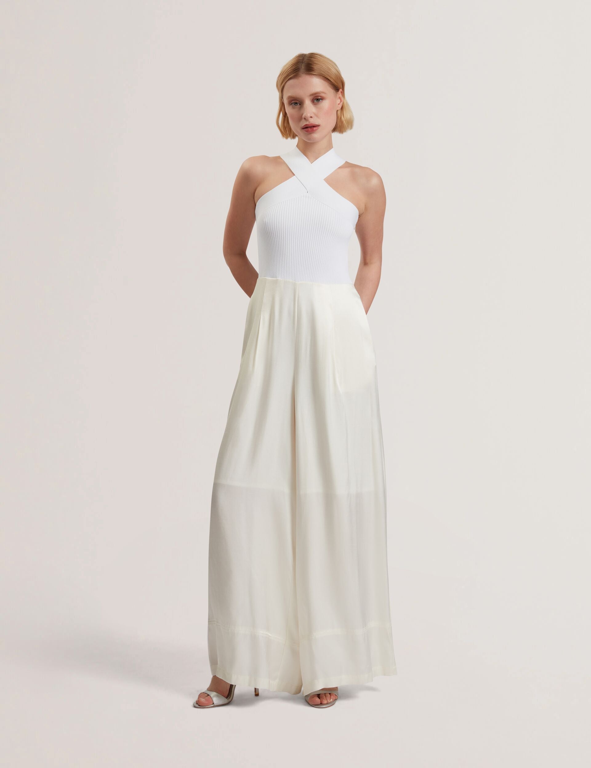 Ted Baker BAIBLU - Halter Neck Knit Bodice Jumpsuit IVORY