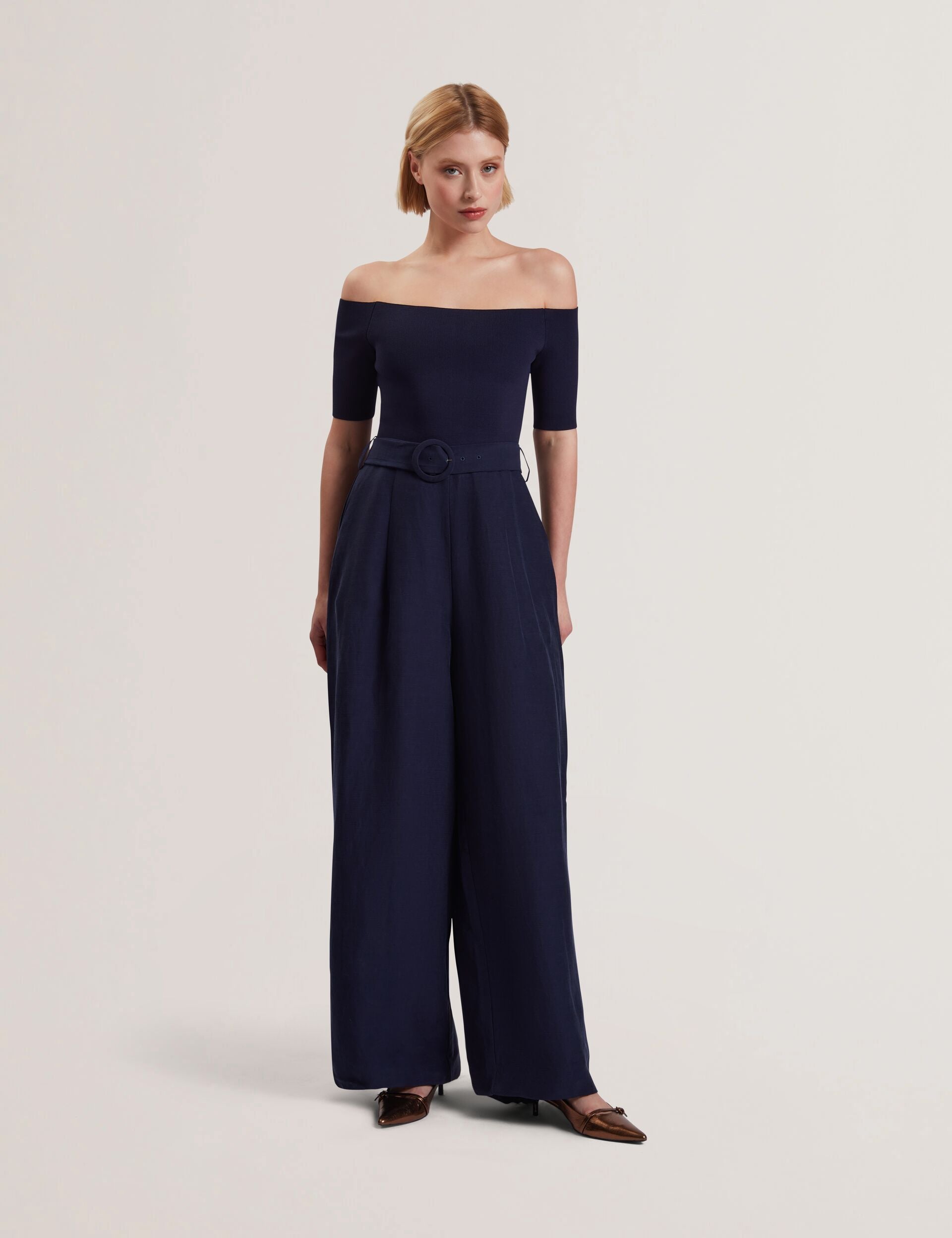 Ted Baker ANGELIY - Bardot Knit Top Wide Leg Belted Jumpsuit NAVY