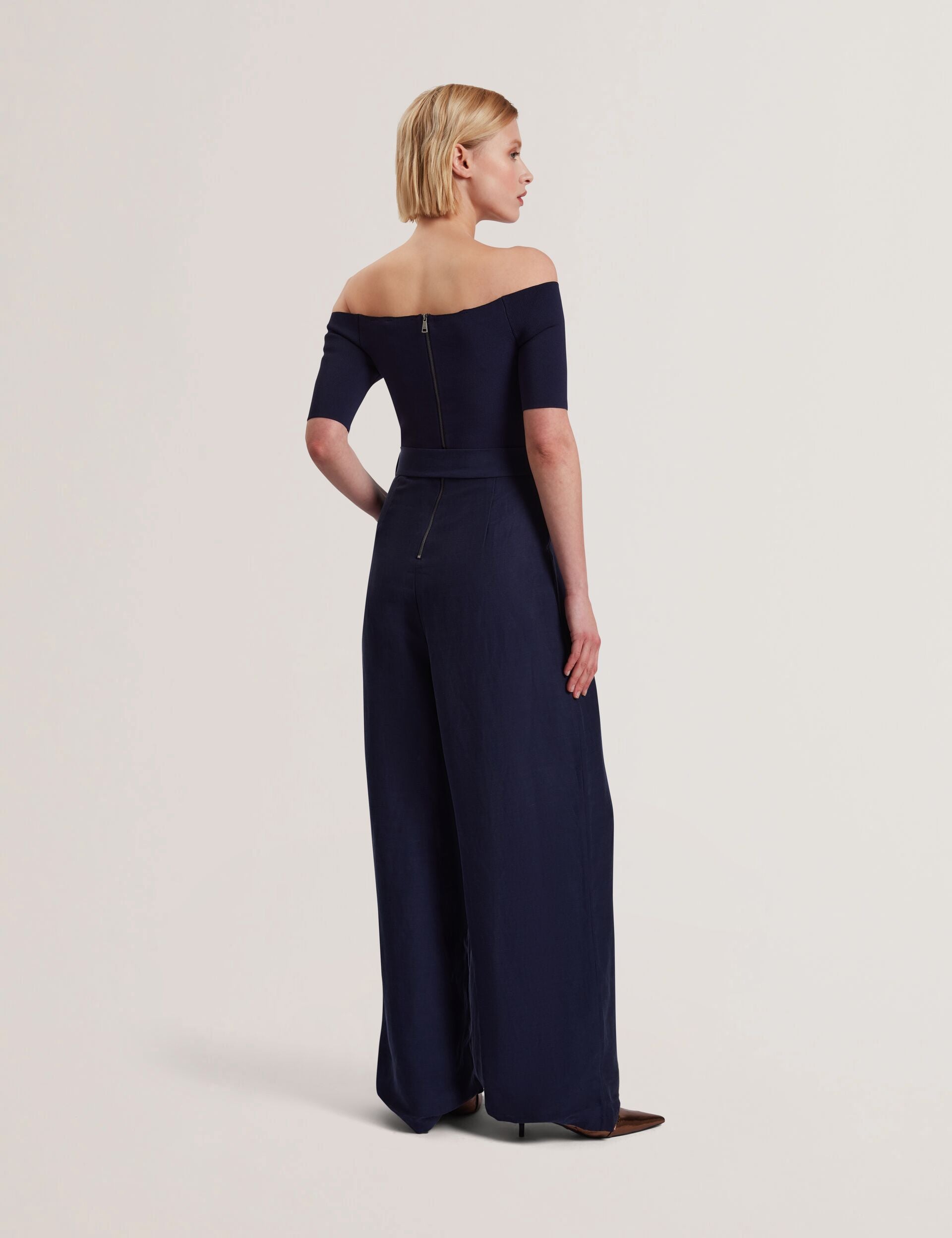 Ted Baker ANGELIY - Bardot Knit Top Wide Leg Belted Jumpsuit NAVY