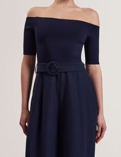 Ted Baker ANGELIY - Bardot Knit Top Wide Leg Belted Jumpsuit NAVY
