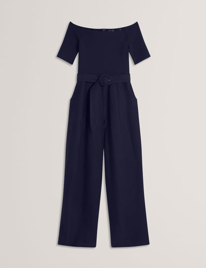 Ted Baker ANGELIY - Bardot Knit Top Wide Leg Belted Jumpsuit NAVY