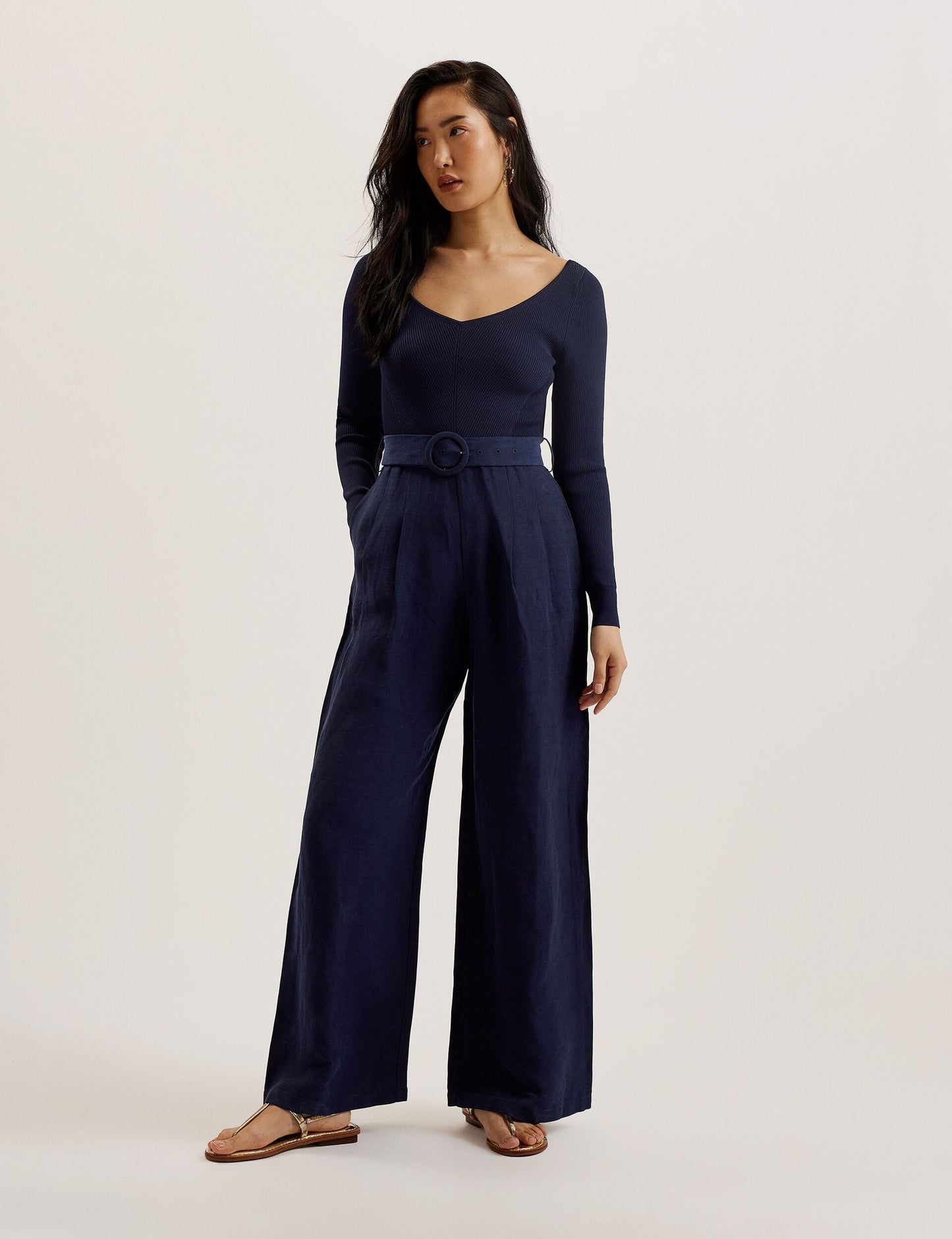 Ted Baker AGATEA - Off Shoulder Belted Wide Leg Jumpsuit NAVY