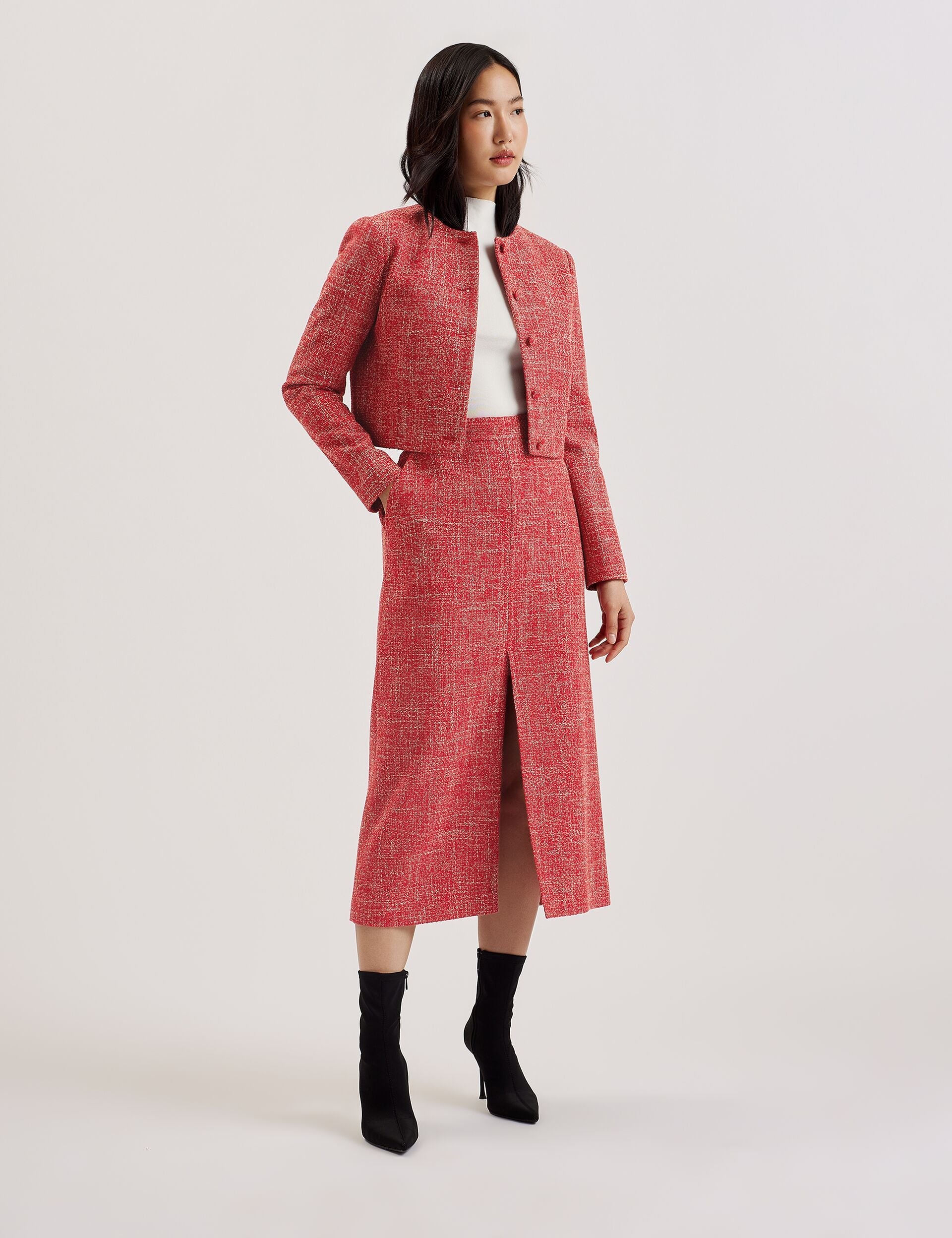Ted Baker SUMIS - Tailored Boucle Midi Skirt With Front Slit RED