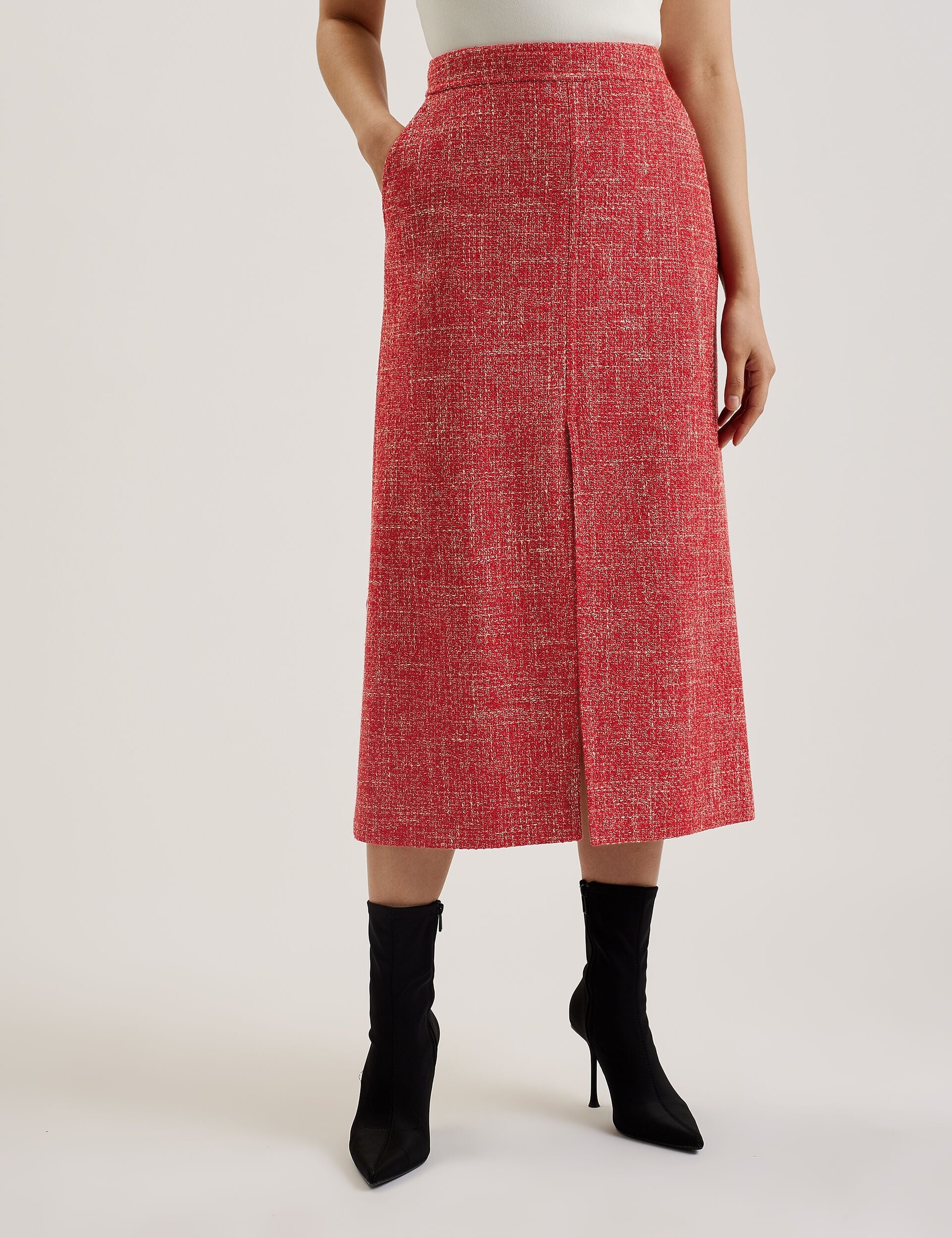 Ted Baker SUMIS - Tailored Boucle Midi Skirt With Front Slit RED