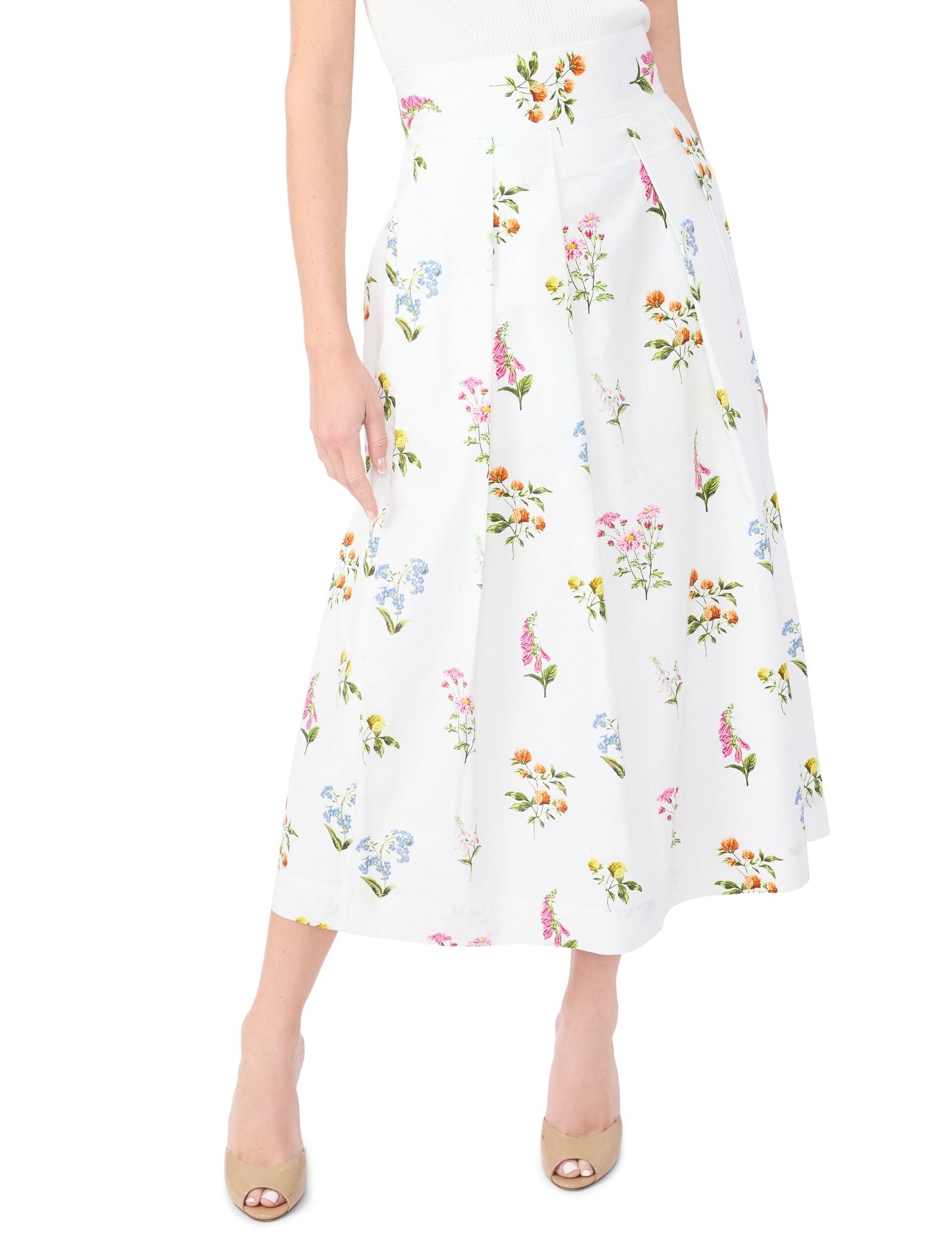 Ted Baker RIHANA Cotton Floral Pleated Midi Skirt WHITE