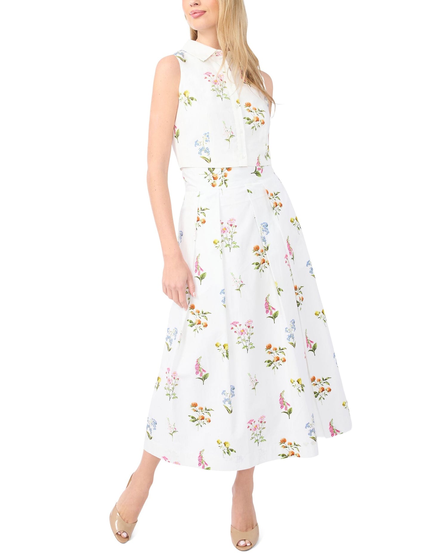 Ted Baker RIHANA Cotton Floral Pleated Midi Skirt WHITE