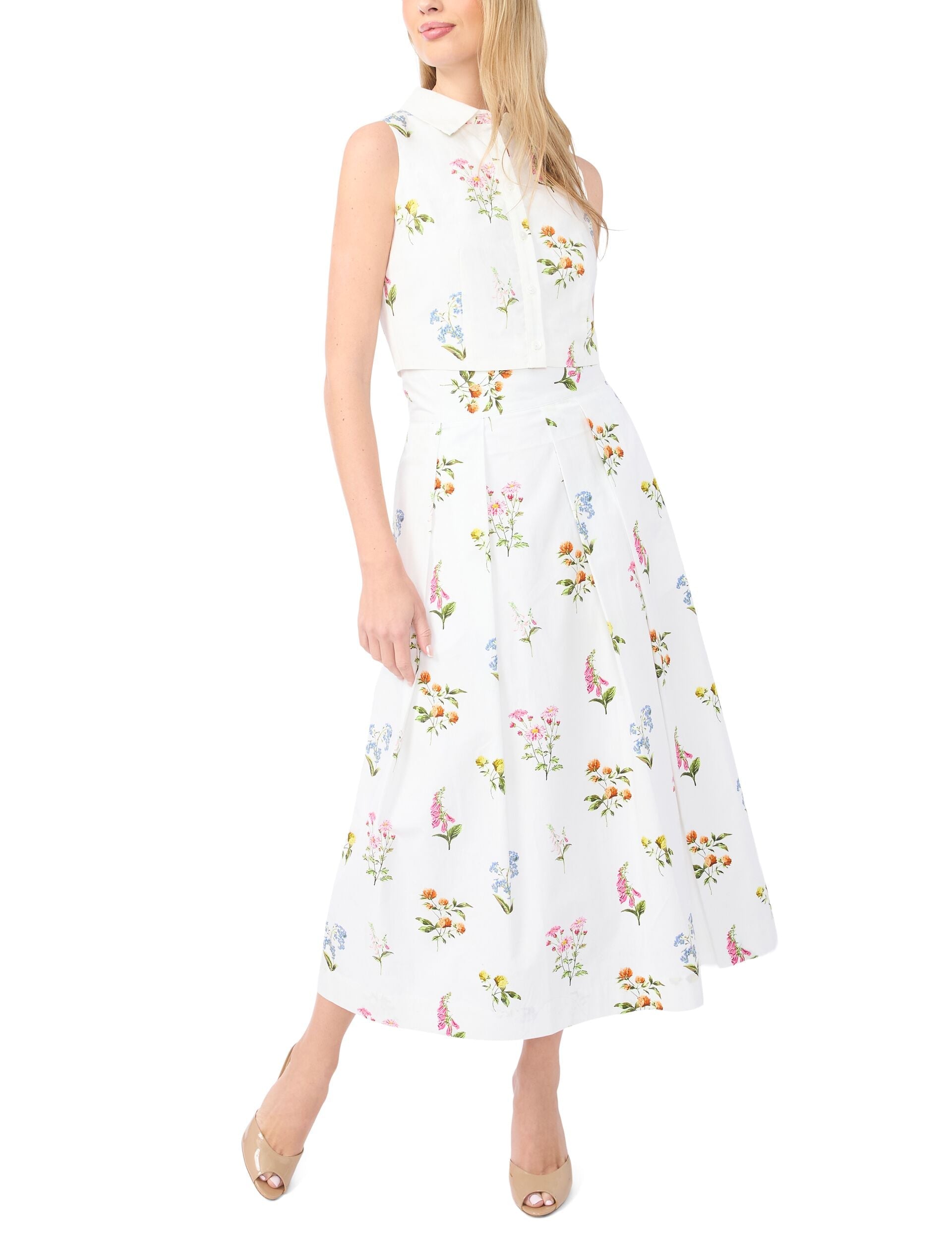 Ted Baker RIHANA Cotton Floral Pleated Midi Skirt WHITE