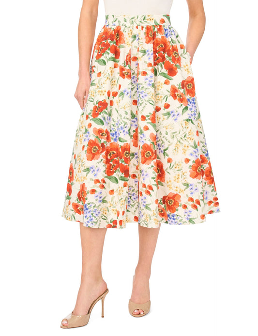 Ted Baker MARI Poppy Print Cotton A-Line Midi Skirt ECRU