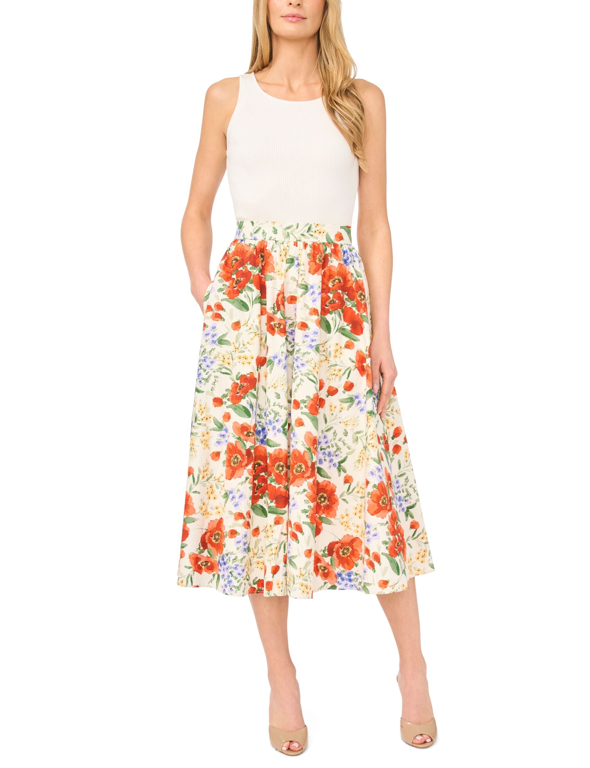 Ted Baker MARI Poppy Print Cotton A-Line Midi Skirt ECRU