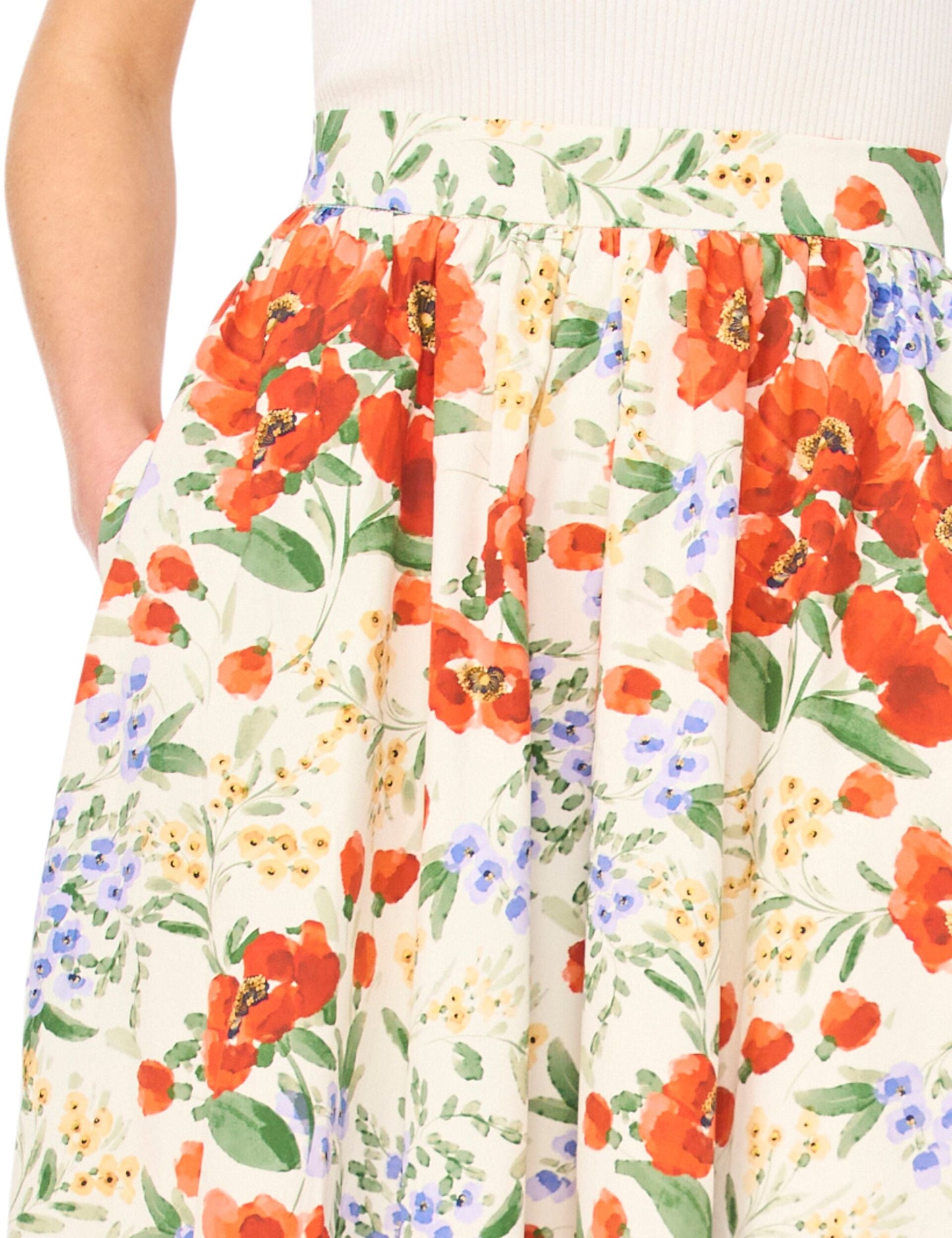 Ted Baker MARI Poppy Print Cotton A-Line Midi Skirt ECRU