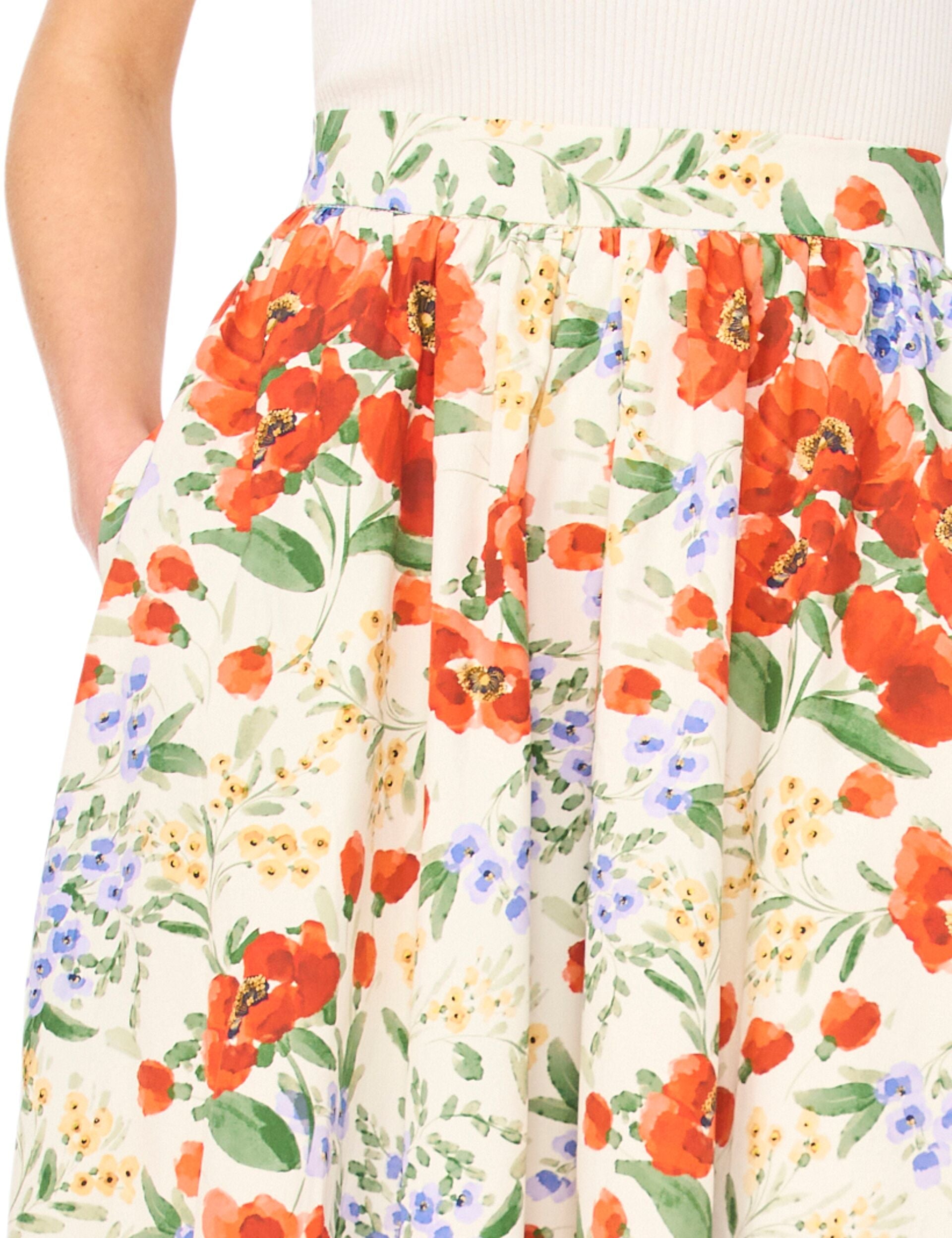 Ted Baker MARI Poppy Print Cotton A-Line Midi Skirt ECRU