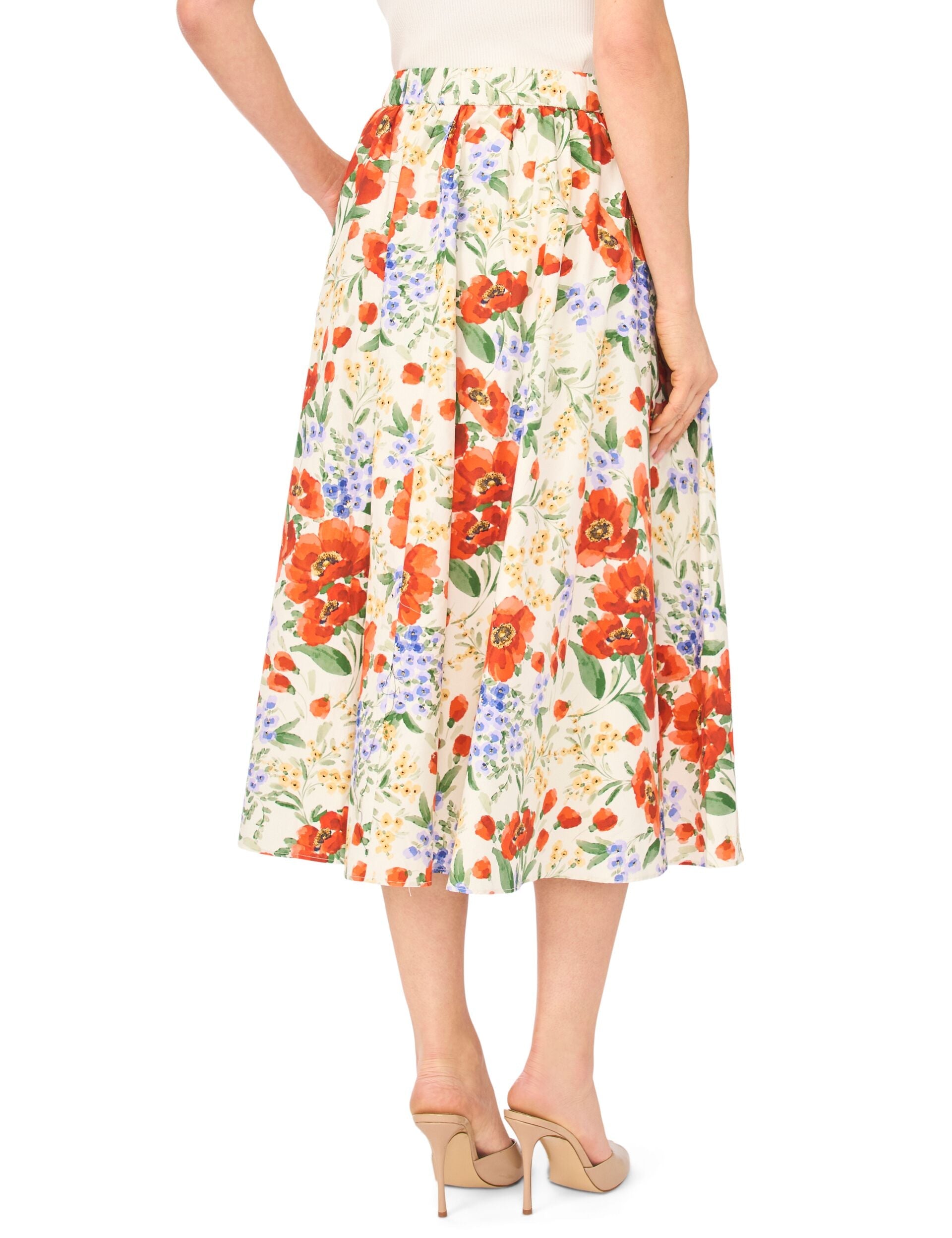 Ted Baker MARI Poppy Print Cotton A-Line Midi Skirt ECRU