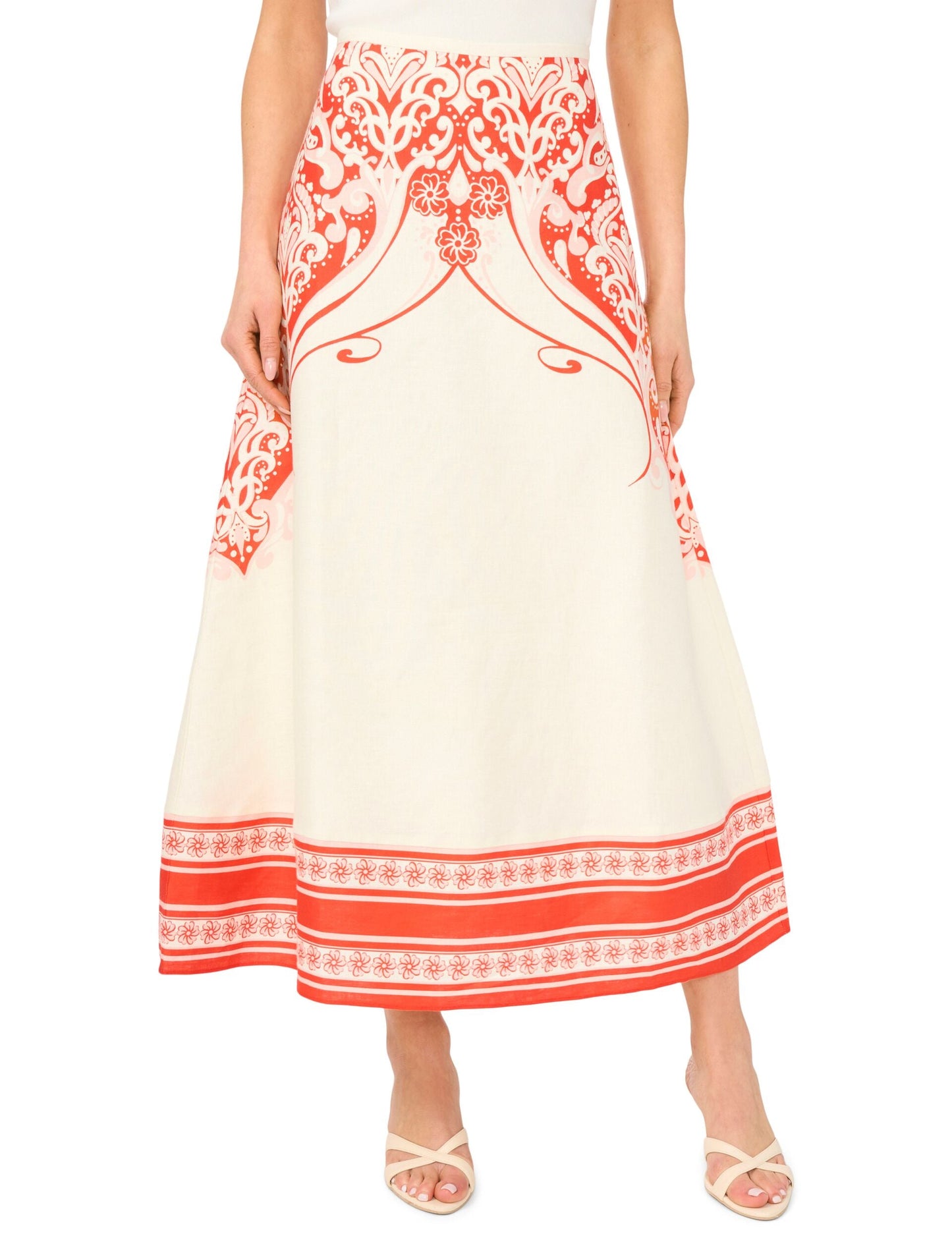 Ted Baker CARMEN Printed Detail Linen A-Line Midi Skirt ECRU