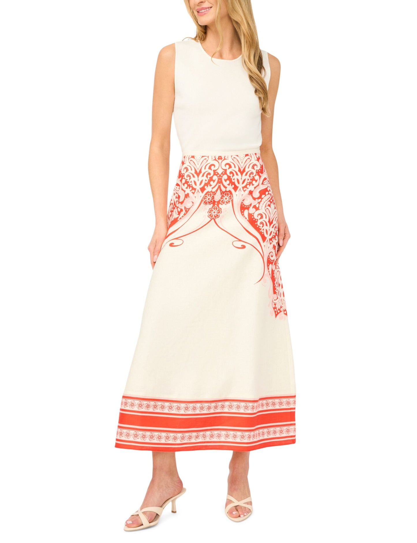 Ted Baker CARMEN Printed Detail Linen A-Line Midi Skirt ECRU